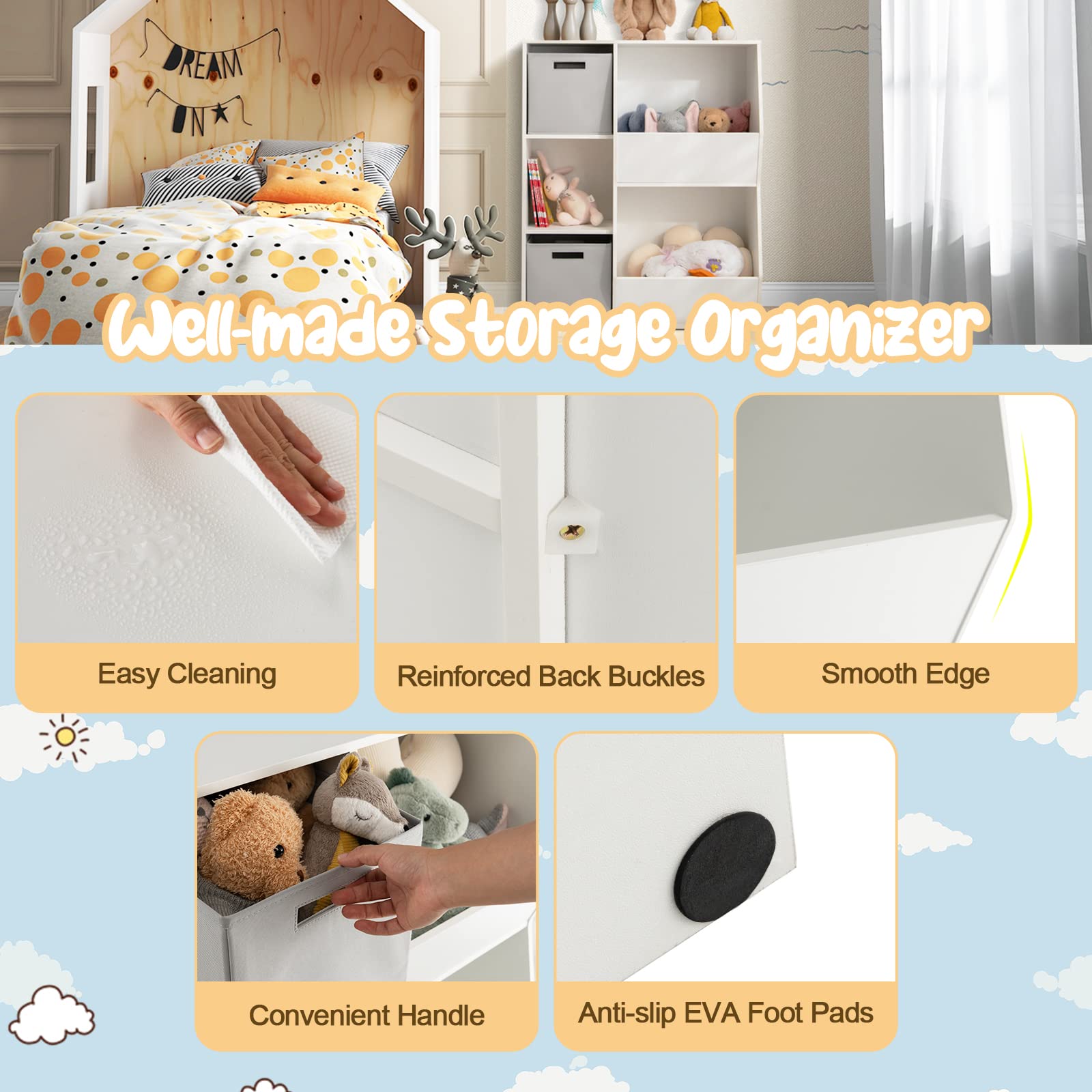 Costzon 5-Cubby Wooden Toy Storage Organizer with Bookcase & Bins - Kids Bookshelf & Toy Cabinet for Toddlers - Playroom, Nursery, Daycare & Living Room Storage Solution (White & Gray) - Perfect for Organizing Toys, Books & Kids' Essentials