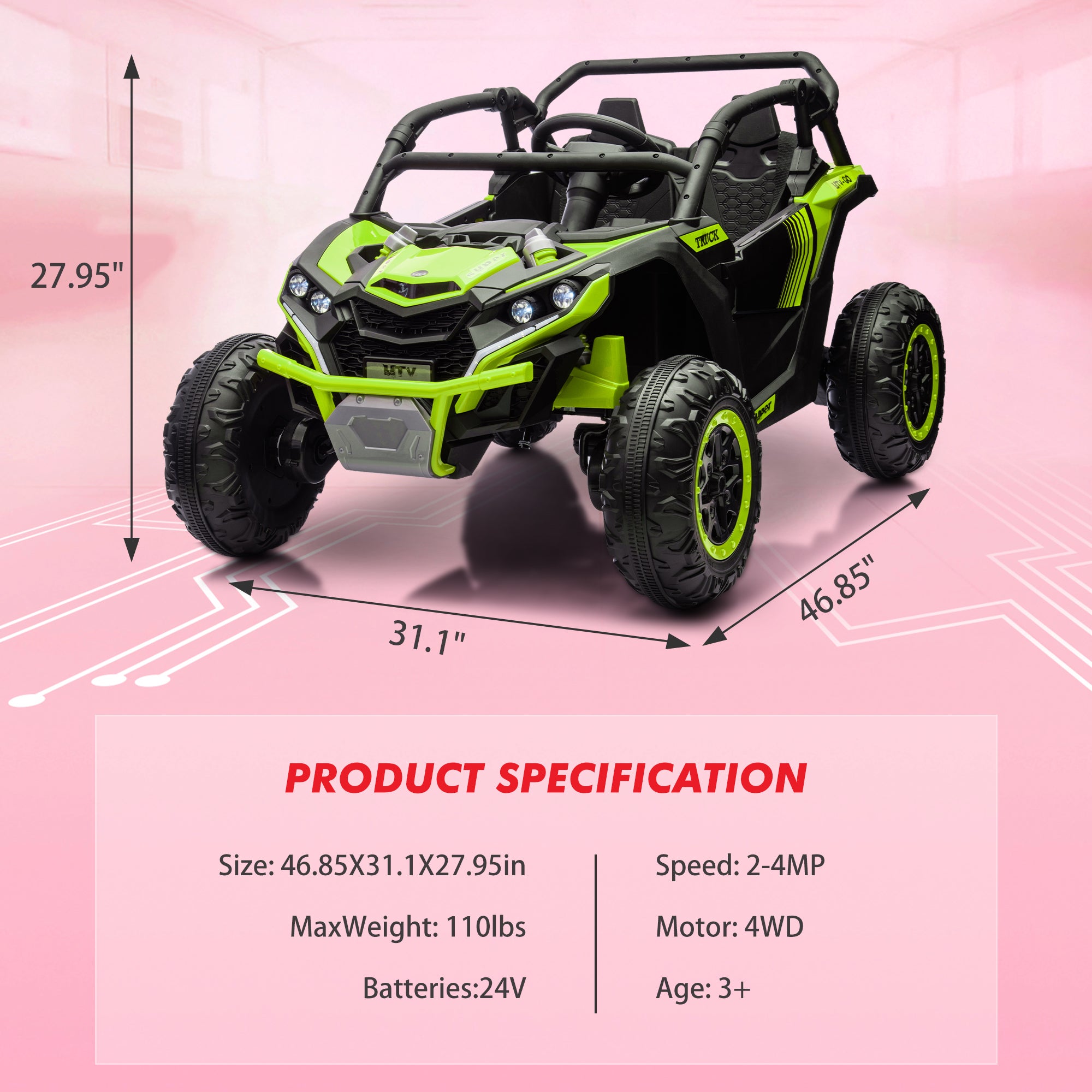GARVEE 24V Kids Ride On UTV - 2 Seater 4WD Electric Truck with Parent Remote Control, High/Low Speed Modes, LED Lights & Music Player | Perfect for Outdoor Play, Backyard Adventures & Birthday Gifts (Green)
