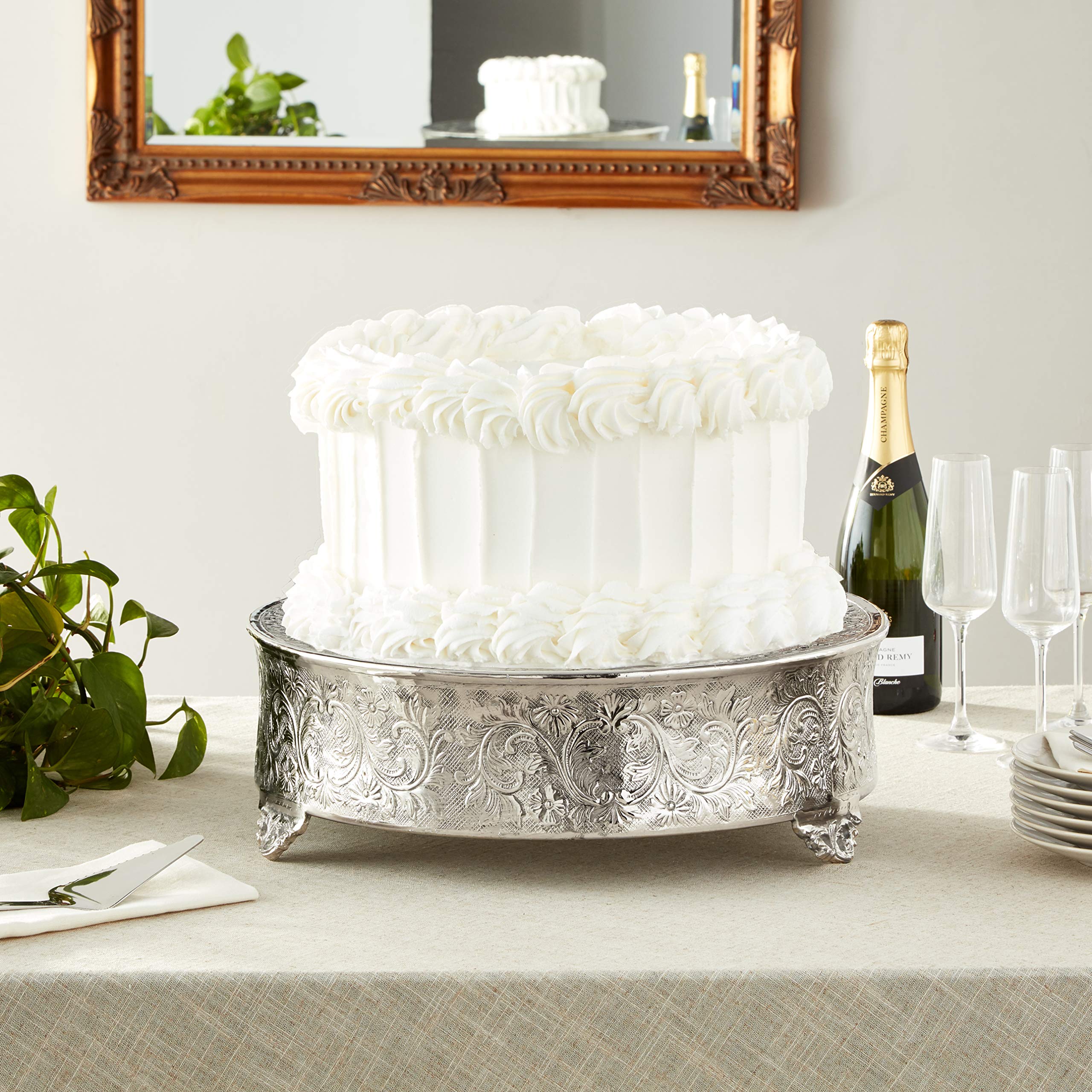 18-Inch Silver Round Ornate Wedding Cake Stand - Elegant Display for Wedding Cakes, Desserts, and Party Treats