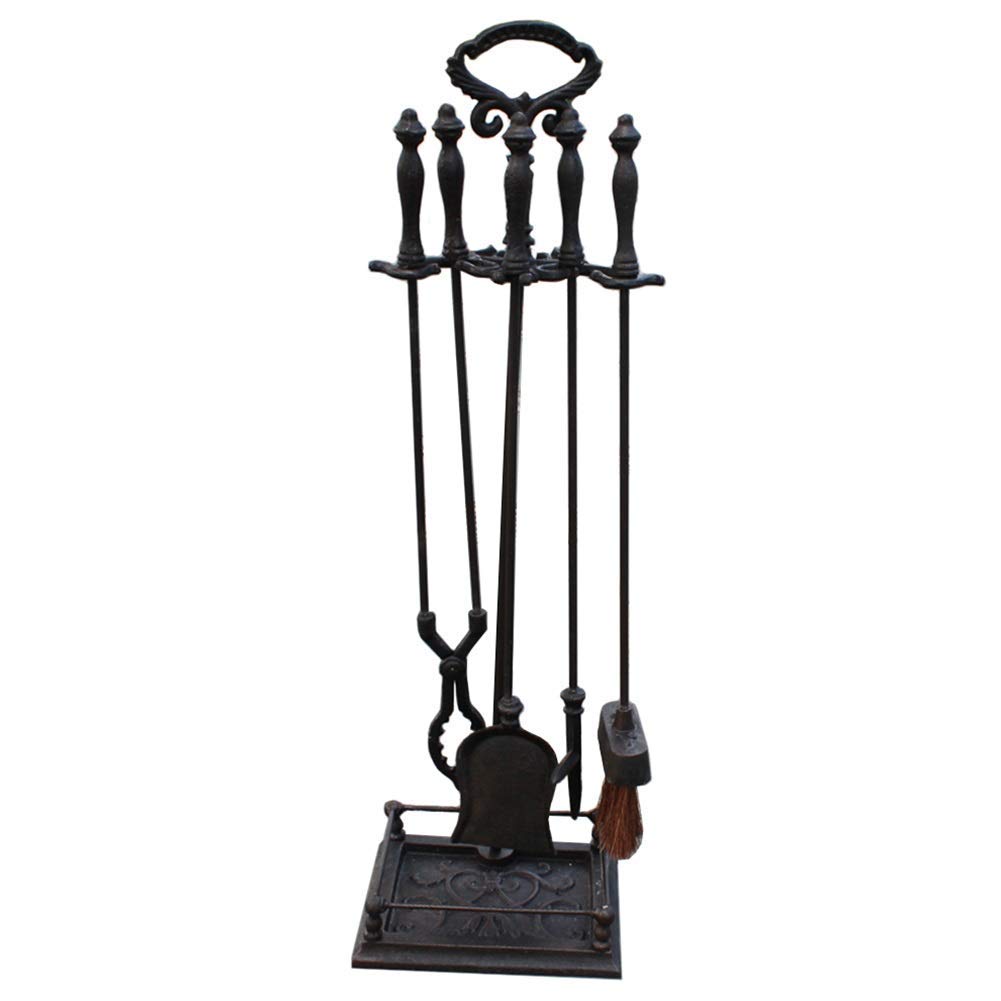 5-Piece Wrought Iron Fireplace Tool Set - 32 Inch Fire Pit Poker, Wood Stove Pliers & Holder for Indoor/Outdoor Fireplaces, Camping & Patio Use