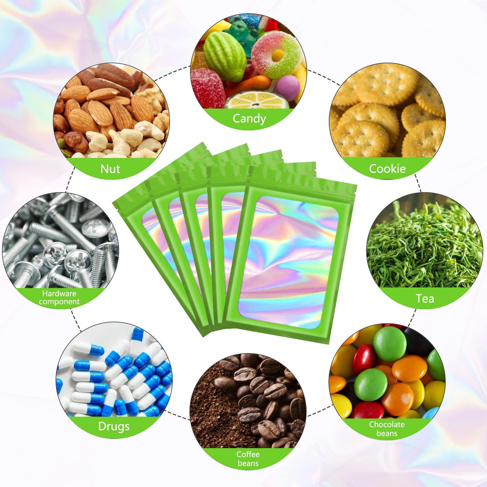 100 Pcs Green Mylar Holographic Bags - Resealable Smell Proof Food Storage Bags, Clear Sealing Zipper Pouch for Business Packaging (2.4x3.9 Inch) - Perfect for Candy, Coffee, Tea & Small Item Organization