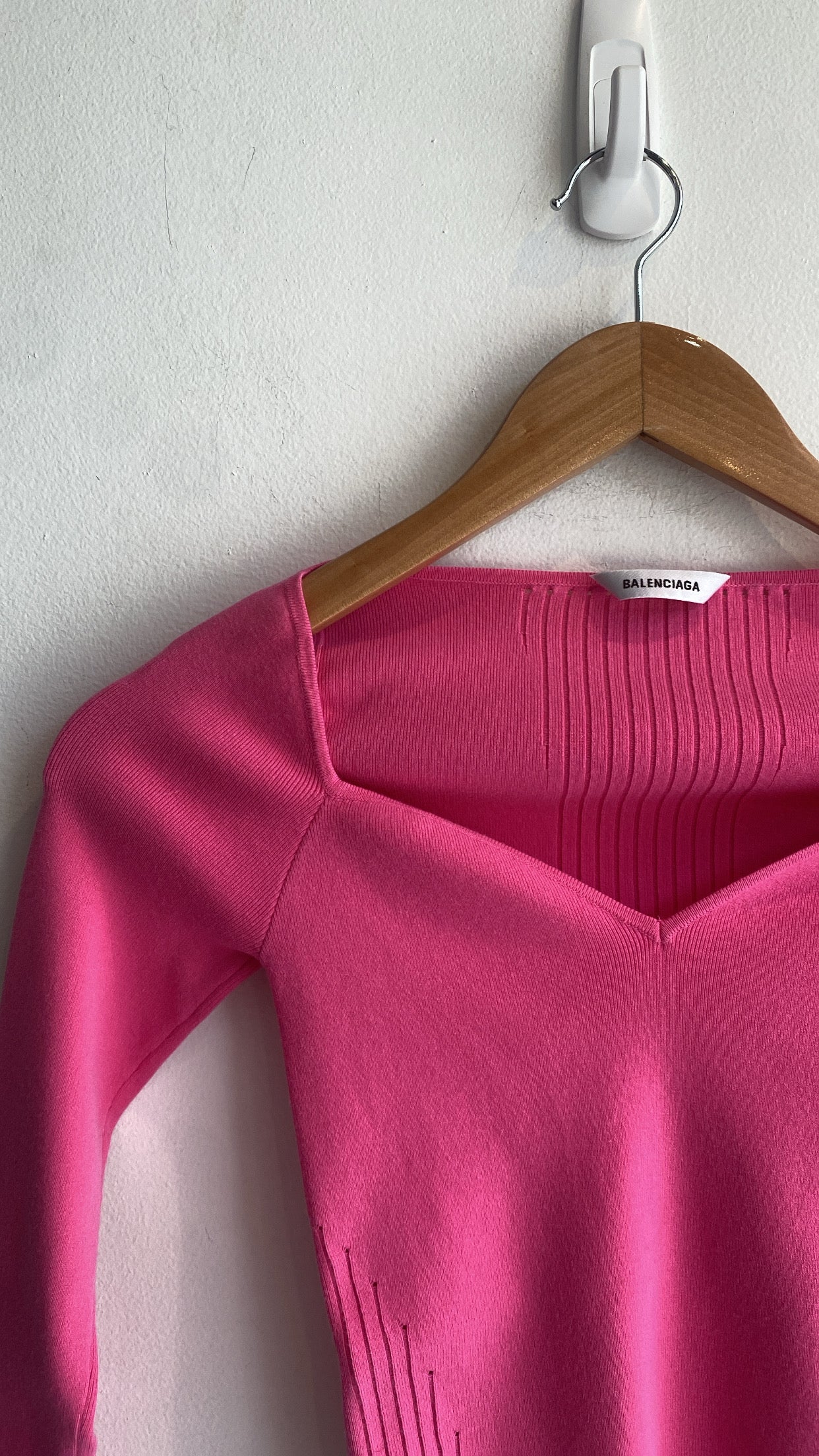 Balenciaga Women's Pink Ribbed Knit Long Sleeve Top - XS Small | Slim Fit Stretch Cotton Blend Shirt for Casual Wear, Date Night & Layering