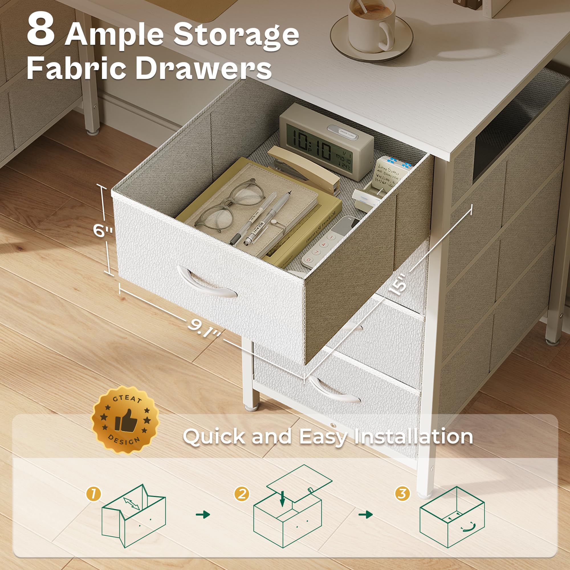 Huuger 47 Inch White Vanity Desk with 8 Fabric Drawers - Spacious Computer Desk for Home Office & Bedroom - Perfect for Makeup, Work, and Study with Ample Storage Space