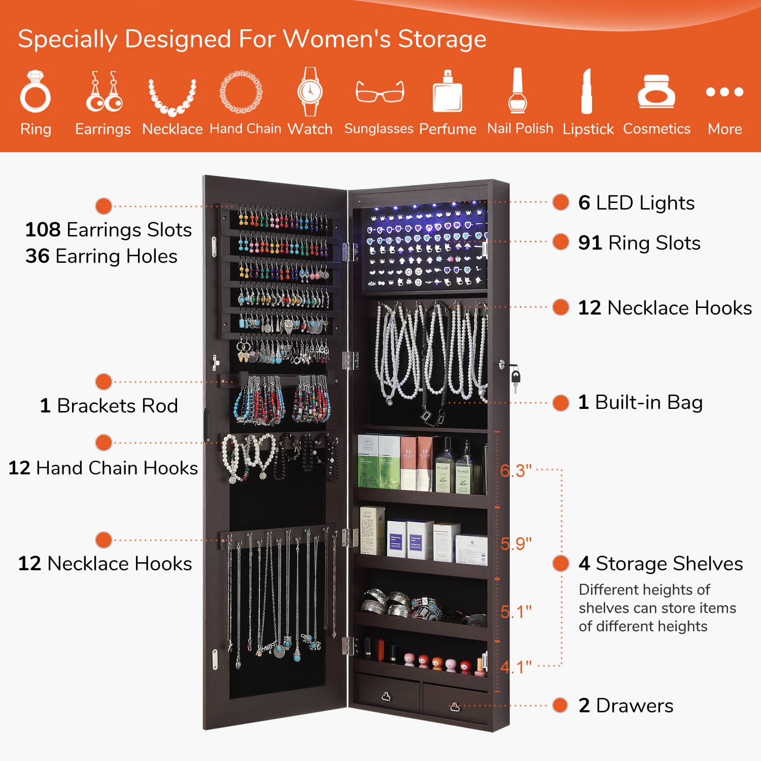 GISSAR Full Length Mirror Jewelry Cabinet with 6 LED Lights - Wall Mounted Over The Door Hanging Jewelry Organizer - Lockable Storage for Necklaces, Rings & Accessories - Brown (14.6