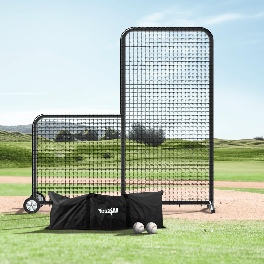 Yes4All 7x7ft Portable L-Screen Baseball Net with 2 Baseballs & Rubber Wheels - Double Layer Protective Pitching Screen for Batting Practice, Training, Games - Includes Carry Bag for Easy Transport