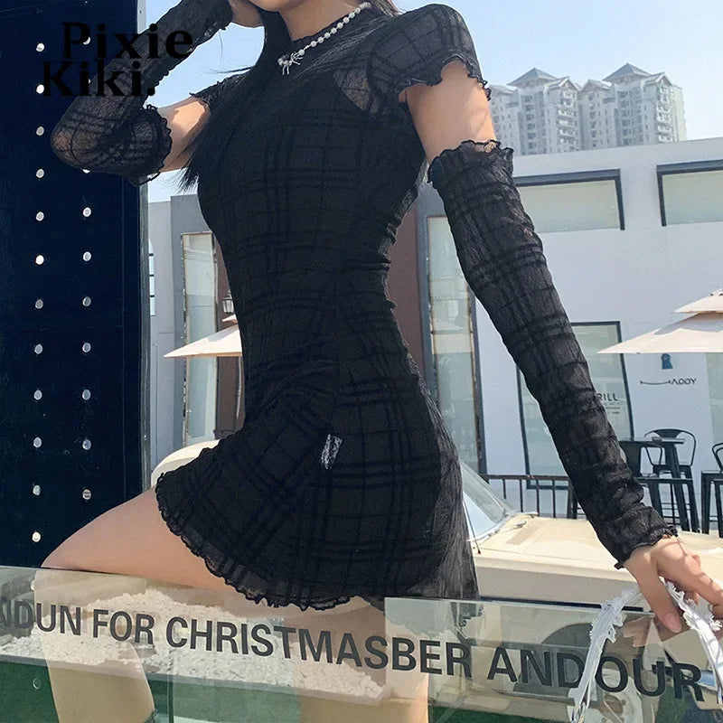 Black Mesh Plaid Dress 3-Piece Set | Dark Academia Mall Goth Bodycon Mini Dress | Egirl Style Outfit for Women | Perfect for Halloween, Cosplay & Nightclub Outfits