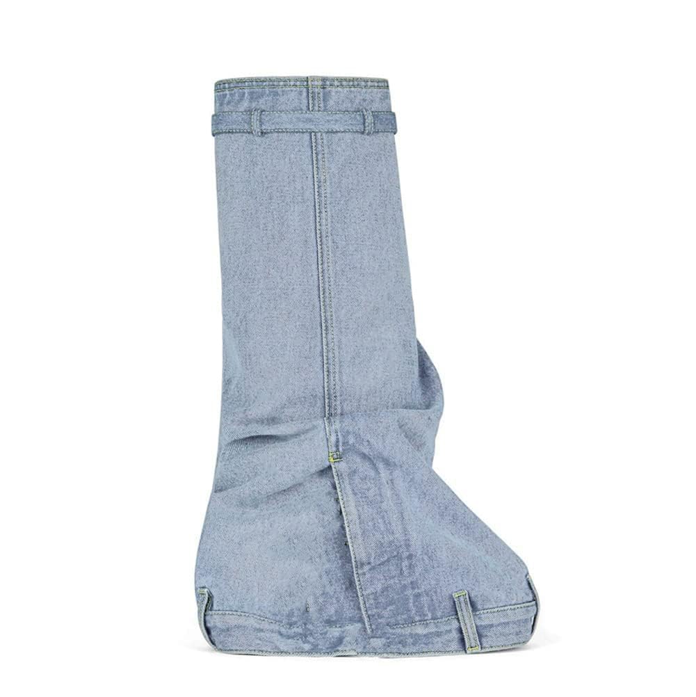 Women's Denim Knee High Boots with Fold Over Cuff, Round Toe & Side Zipper - Stylish Wedge Heel Booties for Casual Outfits & Night Out