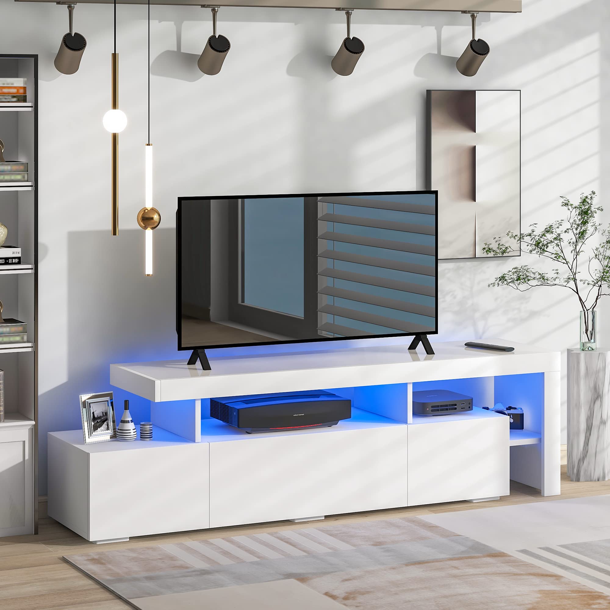 Modern TV Stand with LED Lights & 3 Cabinets - UV High Gloss Entertainment Center with DVD Storage Shelf for TVs Up to 70 Inches - Perfect for Living Room, Bedroom & Home Theater (White)