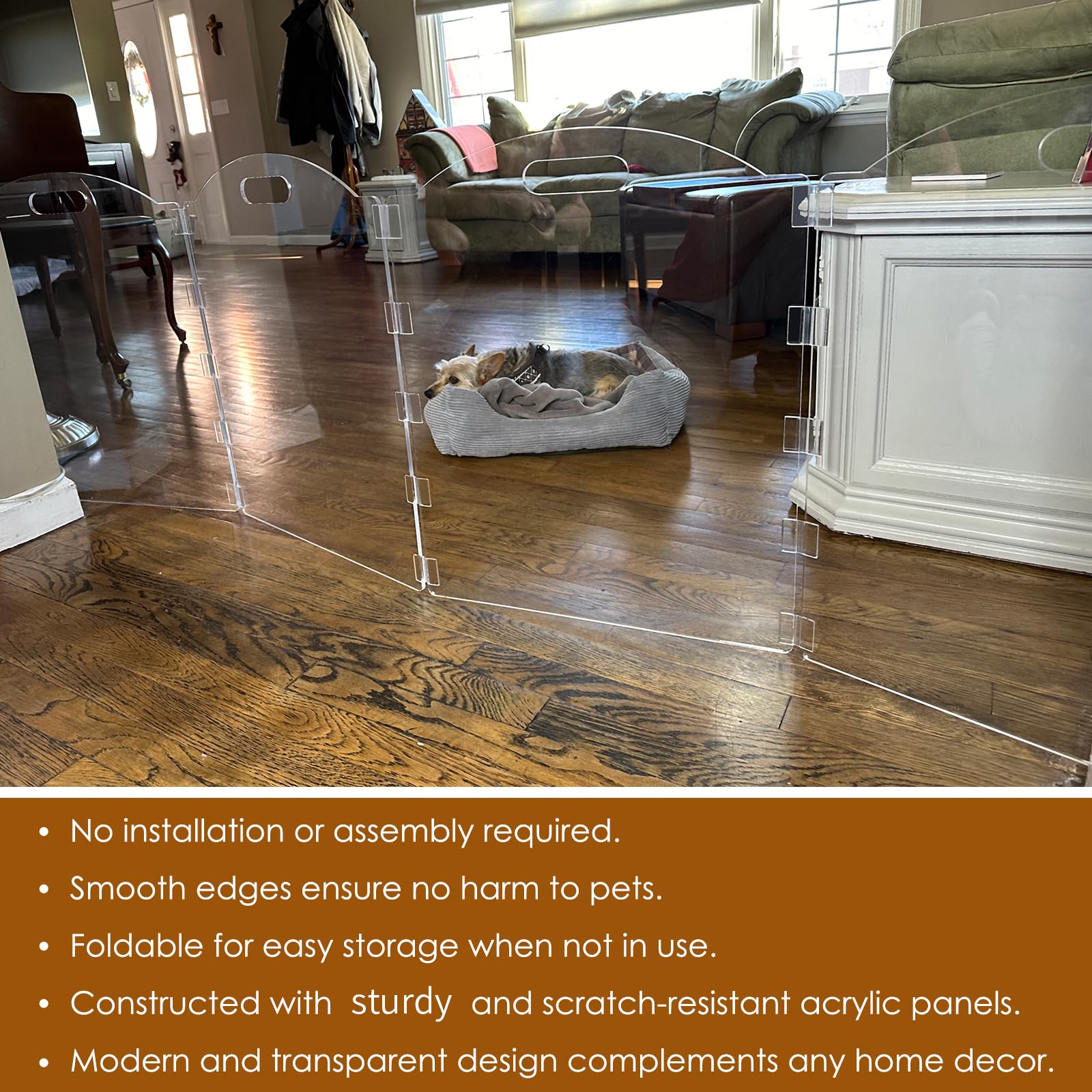 Clear Acrylic Freestanding Dog Gate - 6 Panel Foldable Pet Barrier for Doorways | Indoor Puppy & Cat Fence for Home Safety | Perfect for Hallways, Stairs & Room Separation