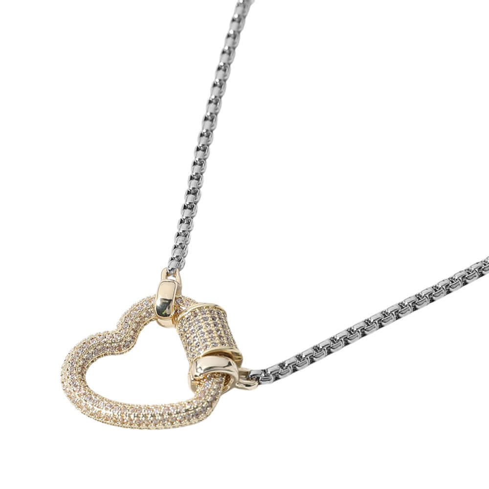 14K Gold Plated Two-Tone CZ Paved Heart Carabiner Pendant Necklace for Women - Elegant Layering Jewelry Gift for Valentine's Day, Anniversary & Special Occasions