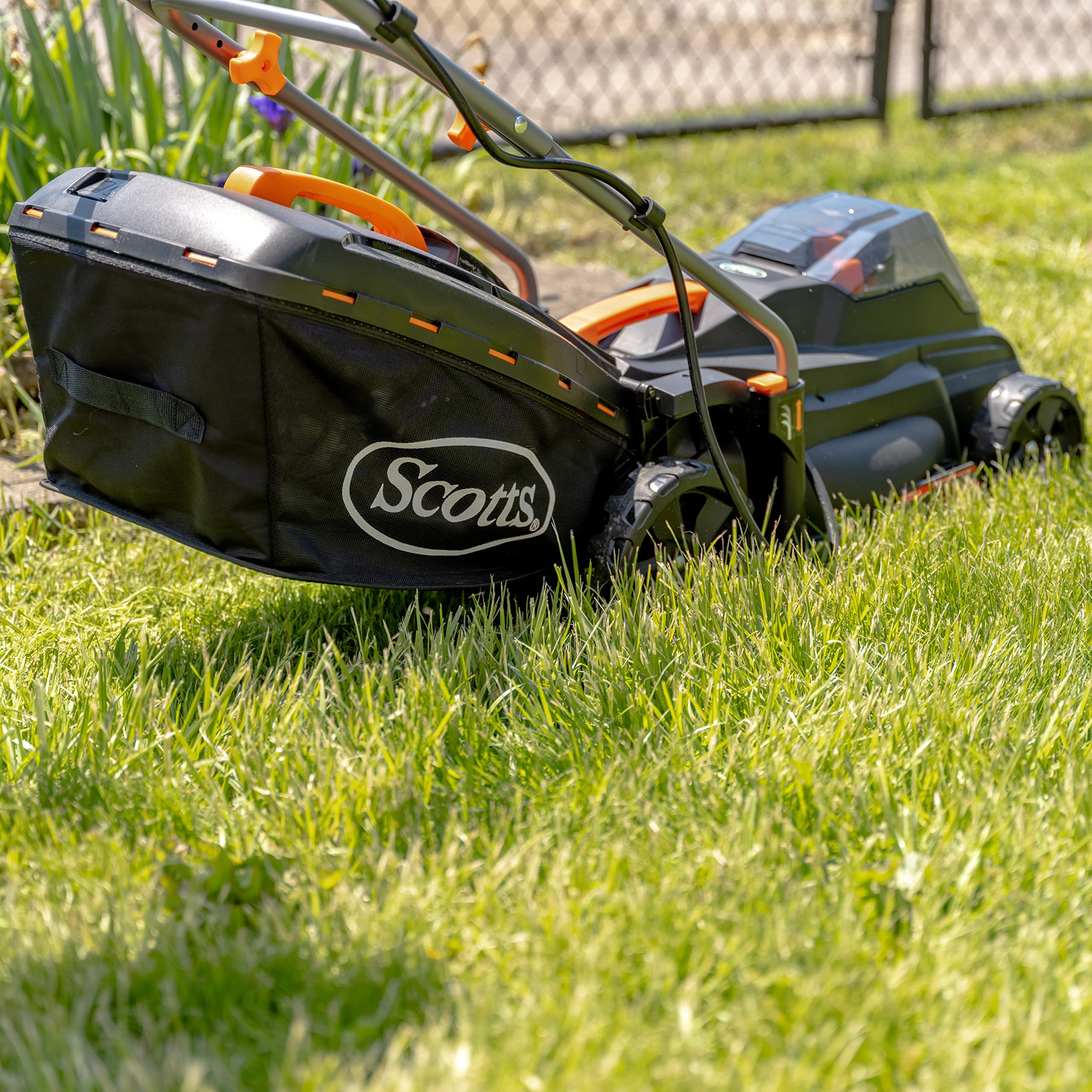 Scotts 20V 16-Inch Cordless Lawn Mower with 5.0Ah Battery & Fast Charger - Lightweight Electric Push Mower for Small to Medium Yards (Black/Orange) | Perfect for Residential Lawns, Backyards & Landscaping