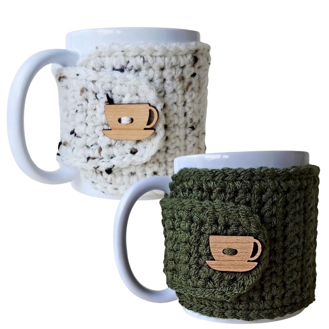 Olive & Oatmeal Cozy Mug Covers with Wooden Cup & Saucer Button - Perfect for Coffee, Tea & Hot Drinks - Ideal for Home, Office & Gifts