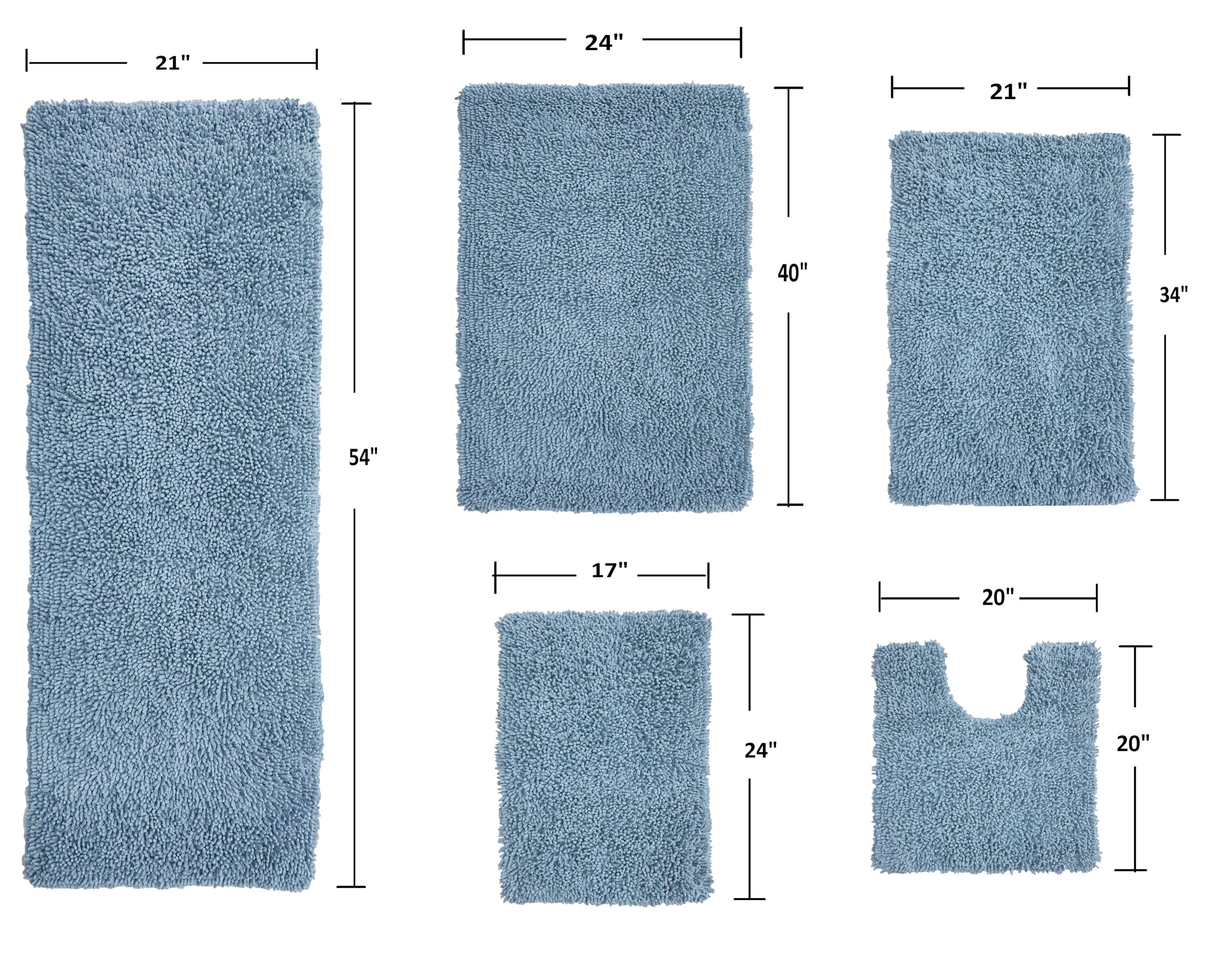 Home Weavers Fantasia 100% Cotton Bath Rug Set - Ultra Soft, Absorbent & Washable Non-Slip Bath Mats for Bathroom & Kitchen - 5 Piece Set with Contour (Blue) - Perfect for Bathroom Safety, Kitchen Comfort & Home Decor