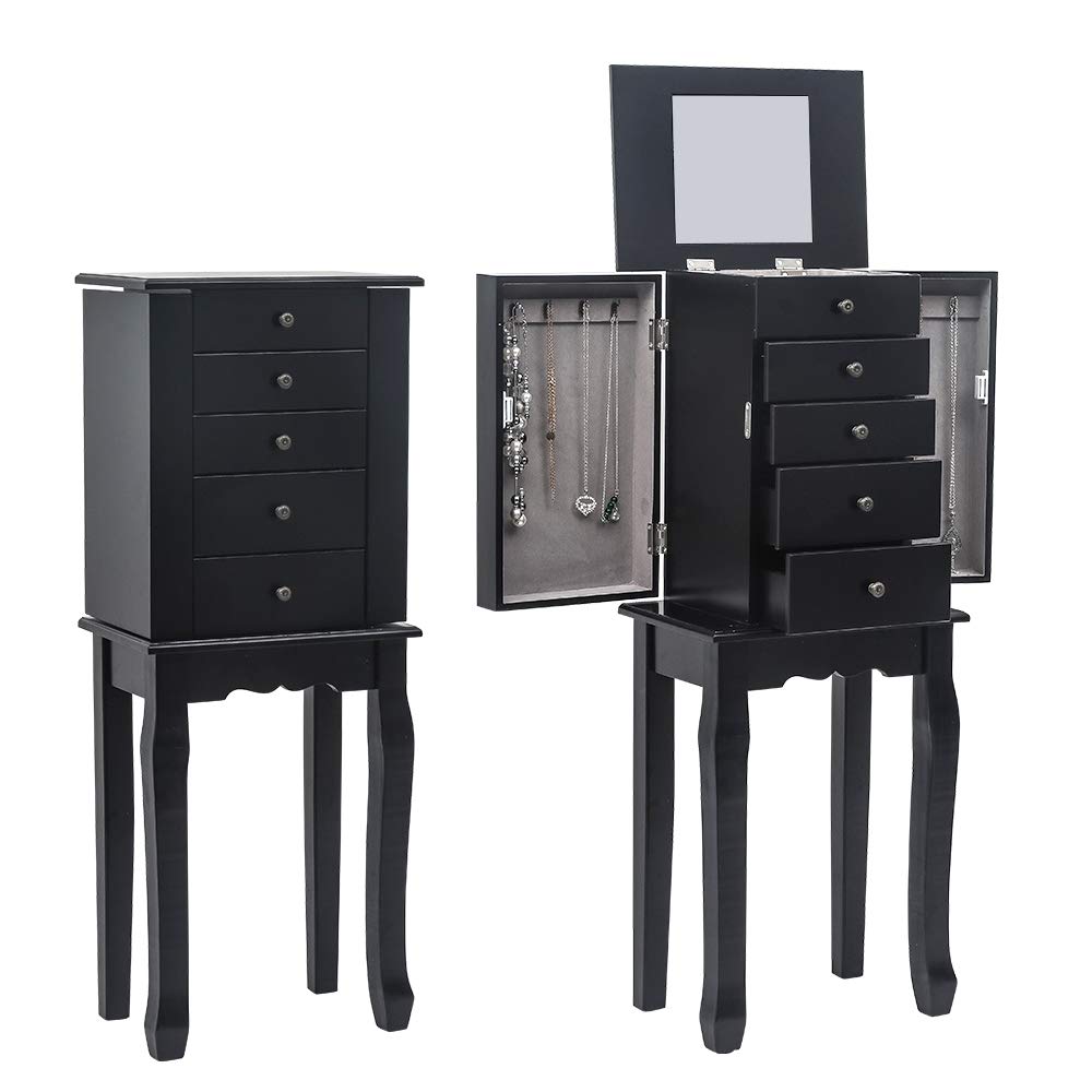 GT4-LY Standing Jewelry Armoire with Mirror - 5 Drawers & 6 Necklace Hooks, Jewelry Storage Cabinet with Top Organizer & 2 Swing Doors (Black) | Perfect for Bedroom, Dressing Room & Closet Organization