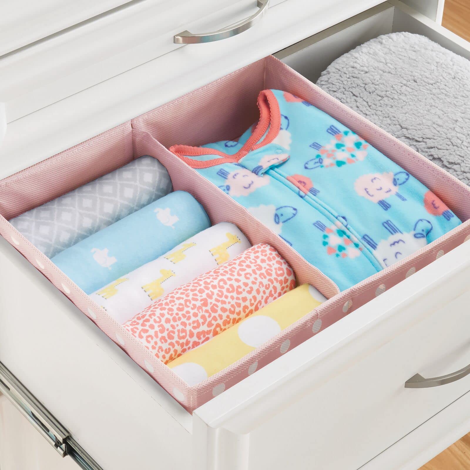 mDesign Fabric Drawer Organizer Bins - Set of 2 or 6 Pack, Pink/White Polka Dot - Perfect for Kids & Baby Nursery Dresser, Closet, Shelf & Playroom Organization - Holds Clothes, Toys, Diapers, Bibs & Blankets - Ideal for Home, Daycare & Travel Storage Solutions