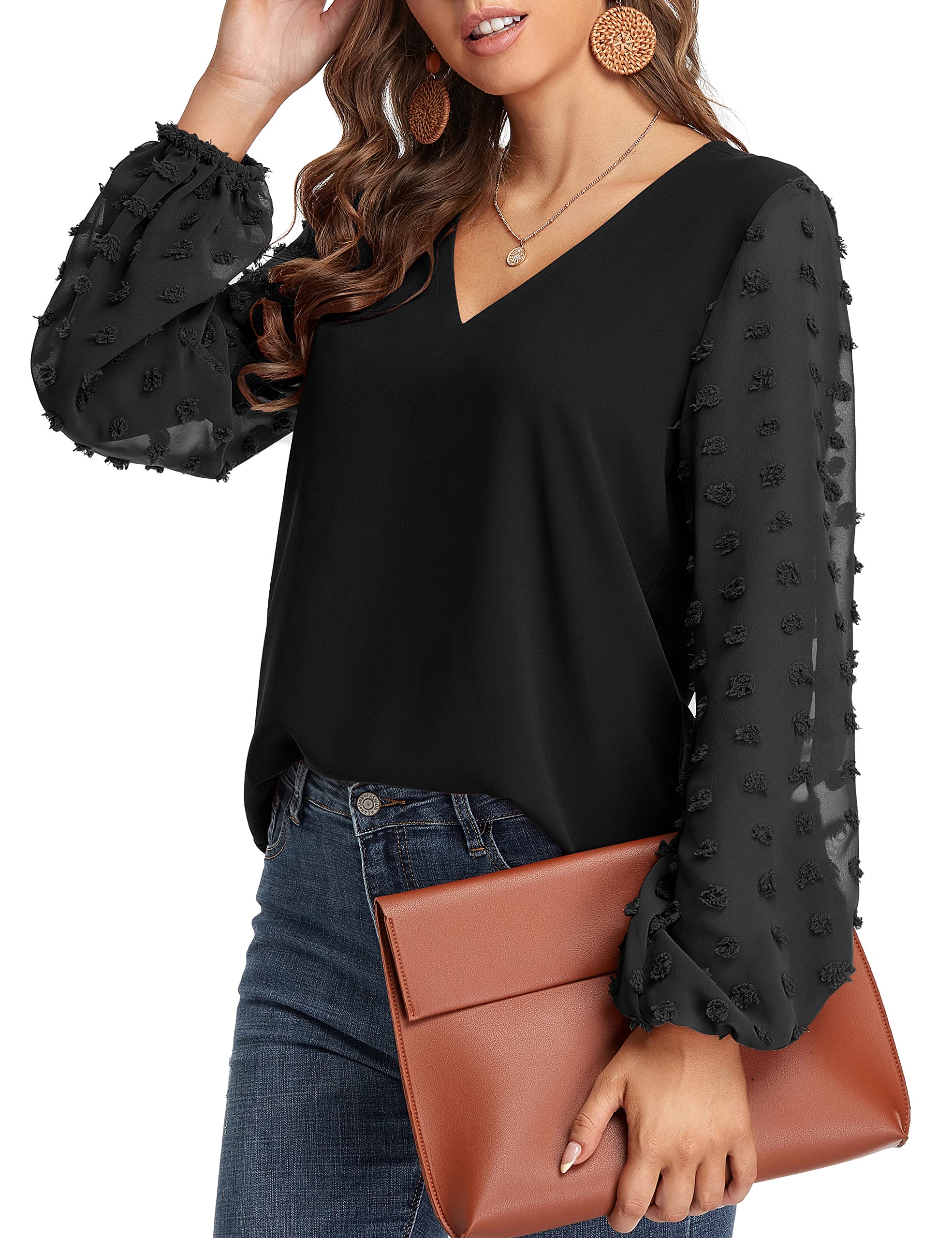 GOORY Swiss Dot Tops for Women - Lantern Sleeve V-Neck Chiffon Blouses for Casual & Work | Office Wear, Date Night, Spring Outfits