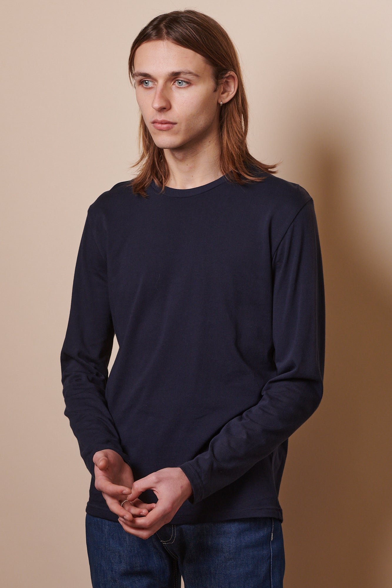Eco-Friendly Men's Long Sleeve T-Shirt - Plastic-Free Navy Blue Cotton Shirt for Casual Wear, Work & Outdoor Activities