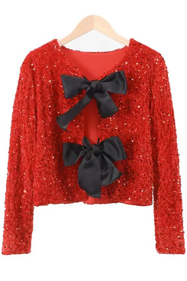 Elegant Tie-Front Bow Sequined Jacket for Women - Perfect for Parties & Date Nights | Two-Way Styling Options