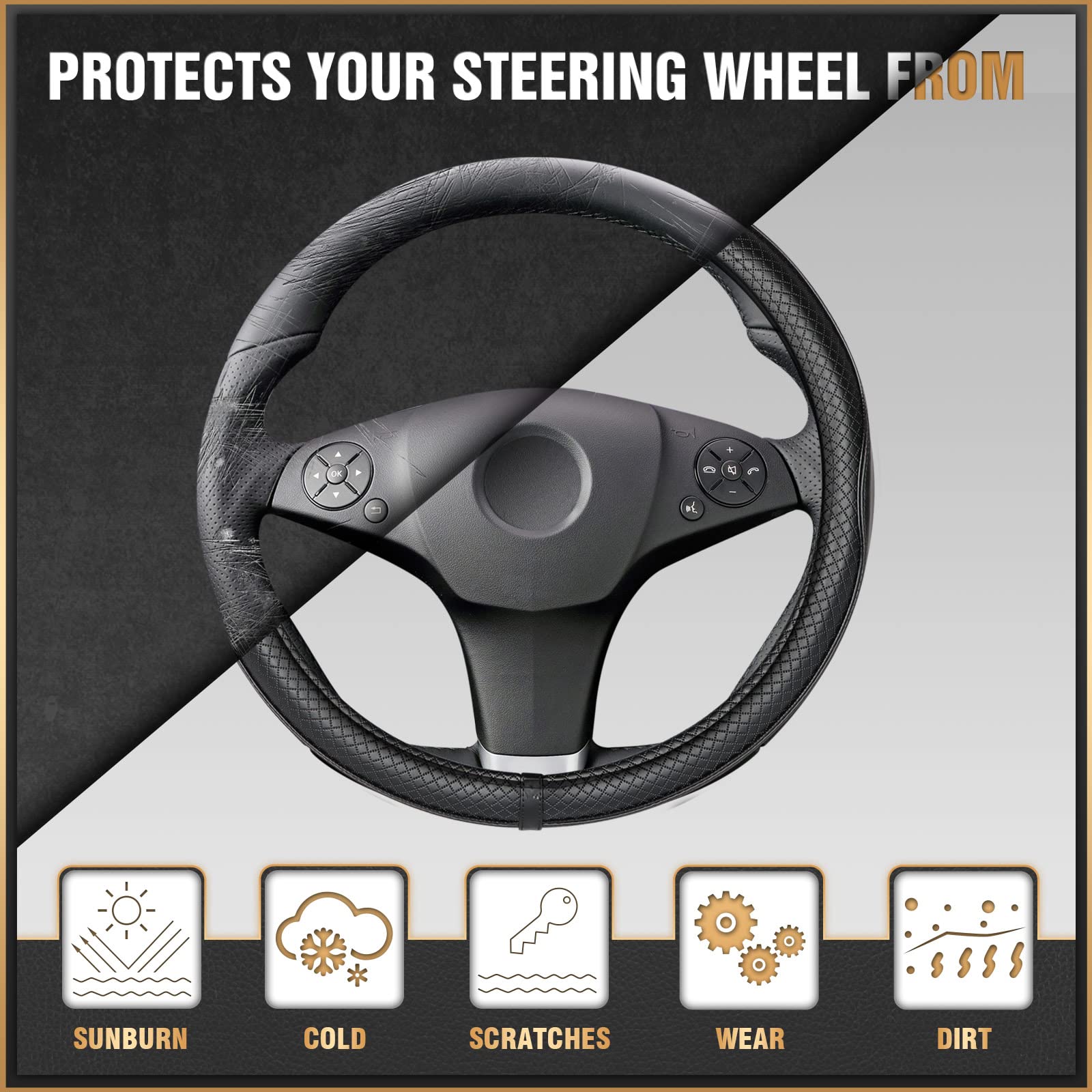 Universal Fit Steering Wheel Cover Protector - 15 Inch Synthetic Leather Car Accessory (Black/Red) for Comfort & Grip - Perfect for Daily Commute, Road Trips & Winter Driving
