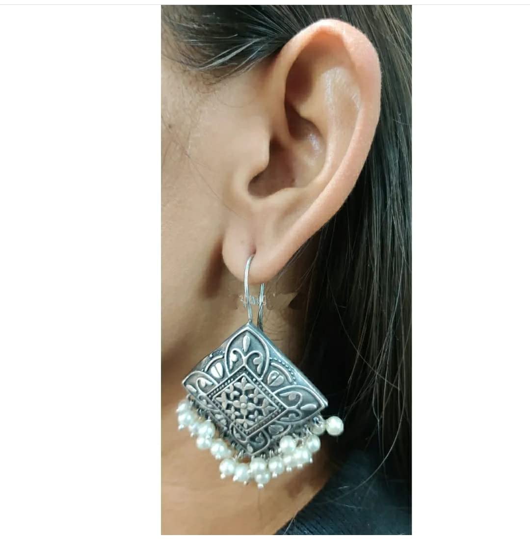 Paninaro Pearl Work Oxidized Afghani Hook Earrings for Women & Girls - Elegant Boho Jewelry for Parties, Weddings & Everyday Wear