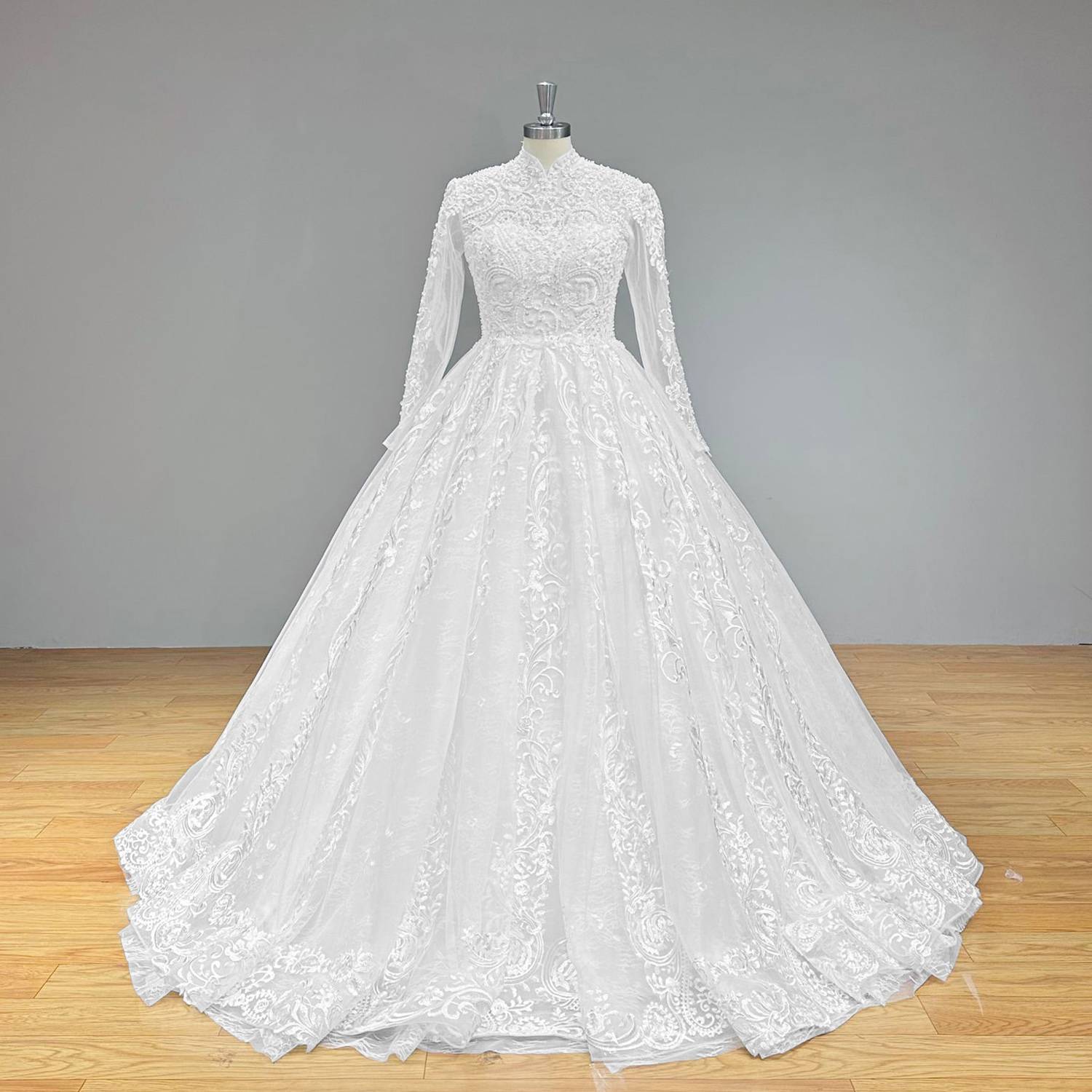 Luxury High Neck Beaded Pearls Long Sleeve Ball Gown Wedding Dress - Perfect for Bridal Ceremonies, Formal Events & Evening Galas
