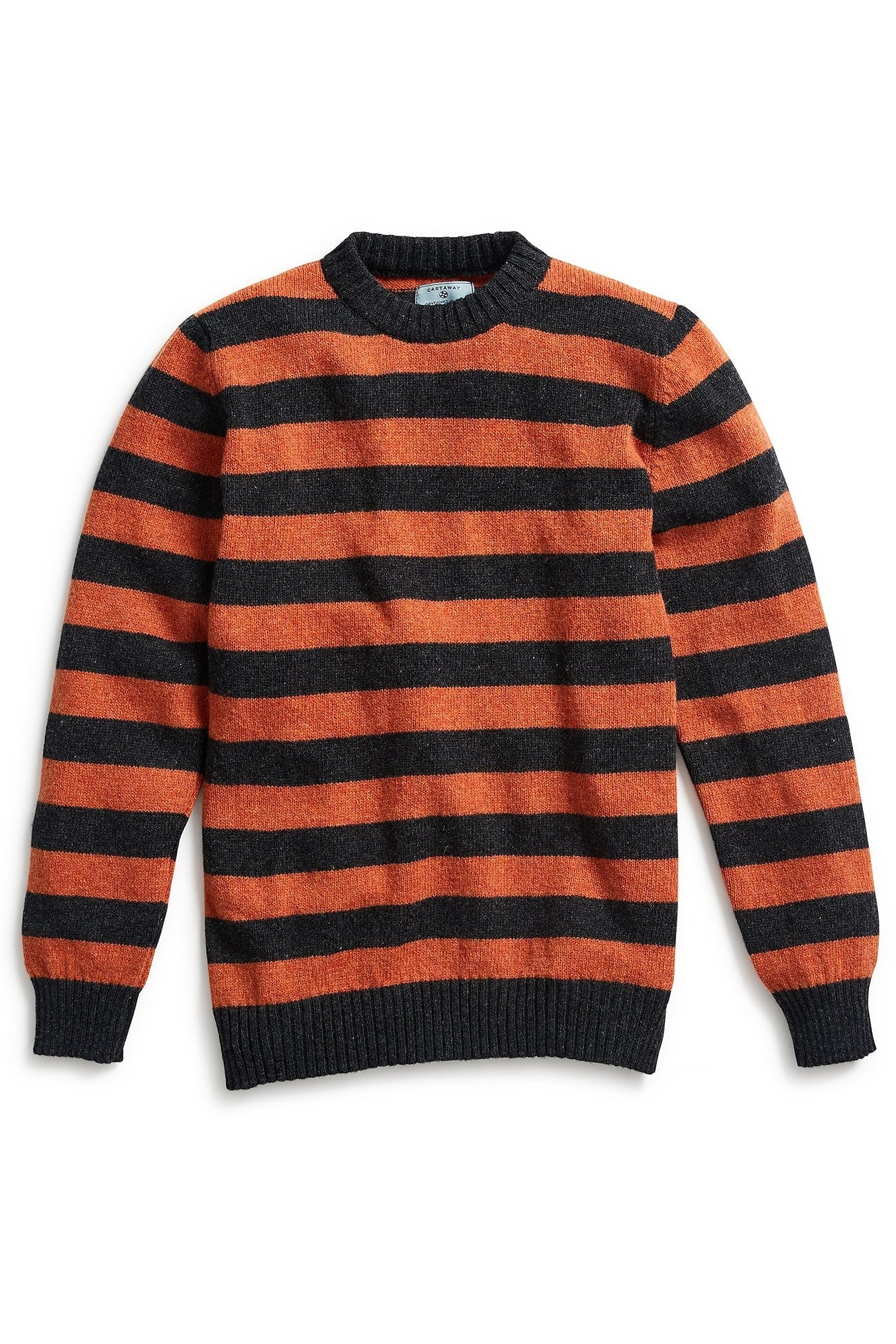 Shetland Wool Crewneck Sweater - Grey & Burnt Orange Striped Pullover for Men & Women | Cozy Winter Knitwear for Casual Outfits & Holiday Gatherings
