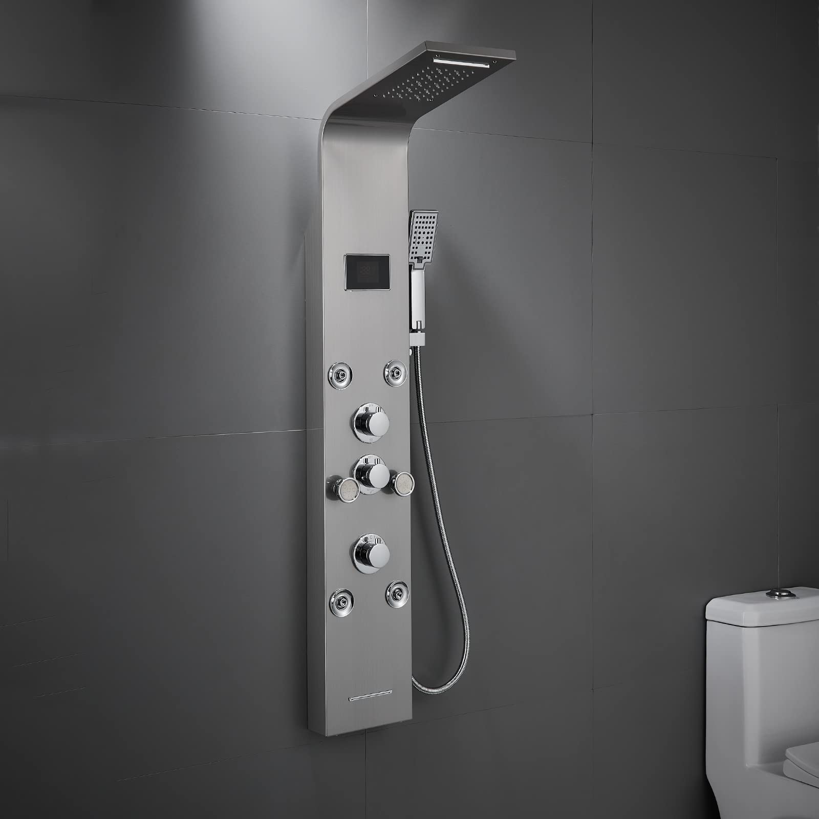 **MENATT LED Lights Shower Panel Tower System - SUS304 Stainless Steel Bathroom Shower Column with Rainfall & Waterfall Shower Head, Massage Jets, Tub Spout & Handheld Shower (Brushed) - Perfect for Modern Spa-Like Bathroom Upgrades**