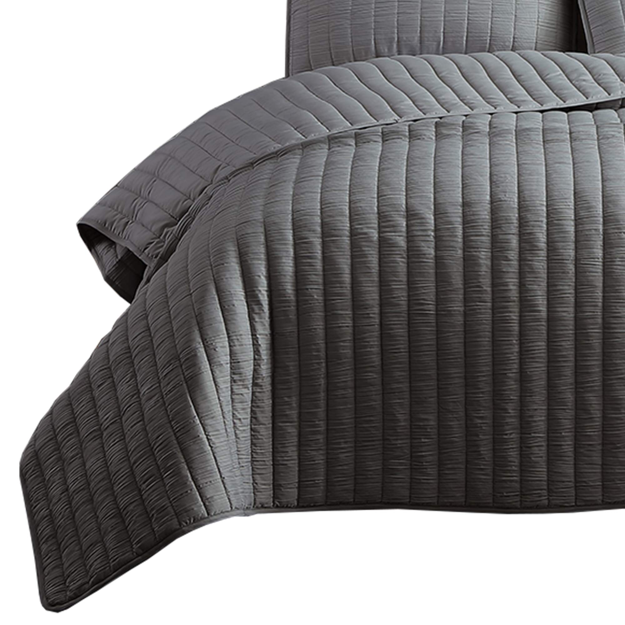 Benjara 3-Piece Queen Size Crinkle Bedspread Set with Vertical Stitching - Soft Gray Bed Cover for Master Bedroom & Guest Room Decor