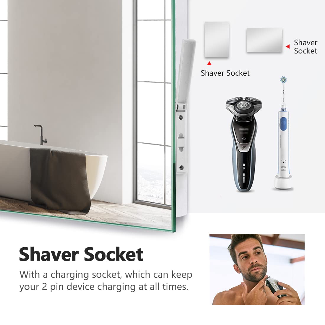 EMKE 500x700mm Bluetooth Bathroom Mirror with LED Lights, Shaver Socket & Demister Pad - Energy-Saving Smart Mirror for Vanity, Wall Mounted with Backlit Illumination (Perfect for Modern Bathrooms, Makeup Application & Shaving)