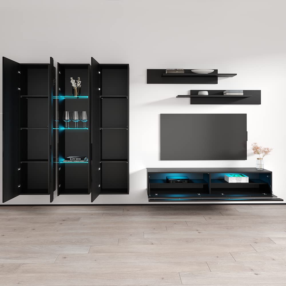 Modern Wall-Mounted TV Stand with Storage Shelves & LED Lights - 35