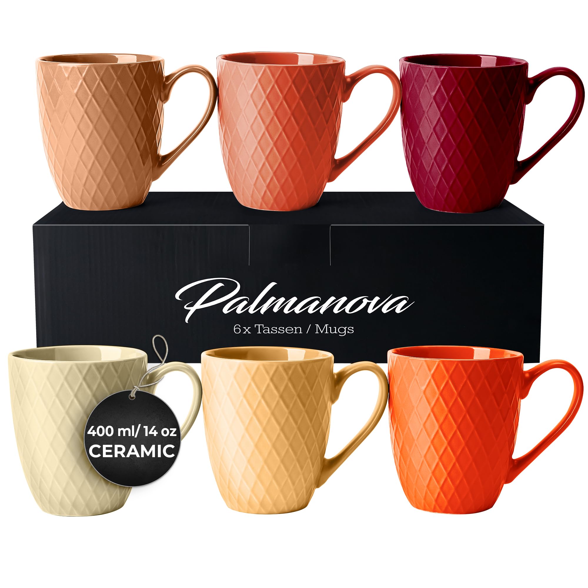 MIAMIO - 6-Piece Ceramic Coffee Mugs Set (14 Oz Each) | Large Microwave & Dishwasher Safe Mugs | Palmanova Collection in Red | Perfect for Home, Office & Gifts