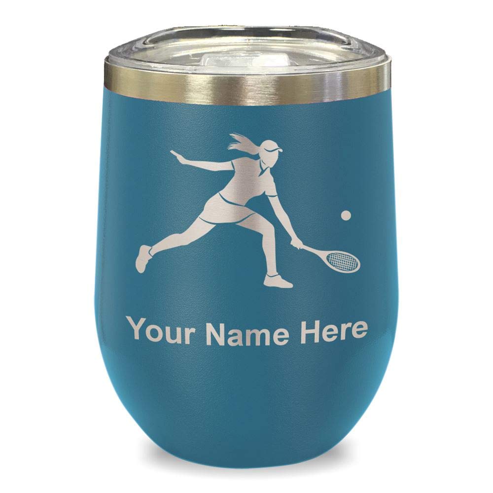 LaserGram Double Wall Insulated Stainless Steel Wine Tumbler - Personalized Engraved Tennis Player Design for Women (Slate Blue) - Perfect for Outdoor Picnics, Sports Events & Gift Giving