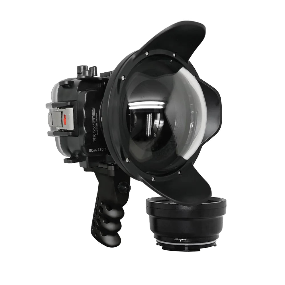 Waterproof Housing for Sony RX1xx Series - 60M/195FT Depth Rating, Aluminum Pistol Grip & 6 Dry Dome Port (Black) - Ideal for Underwater Photography, Scuba Diving, and Marine Exploration