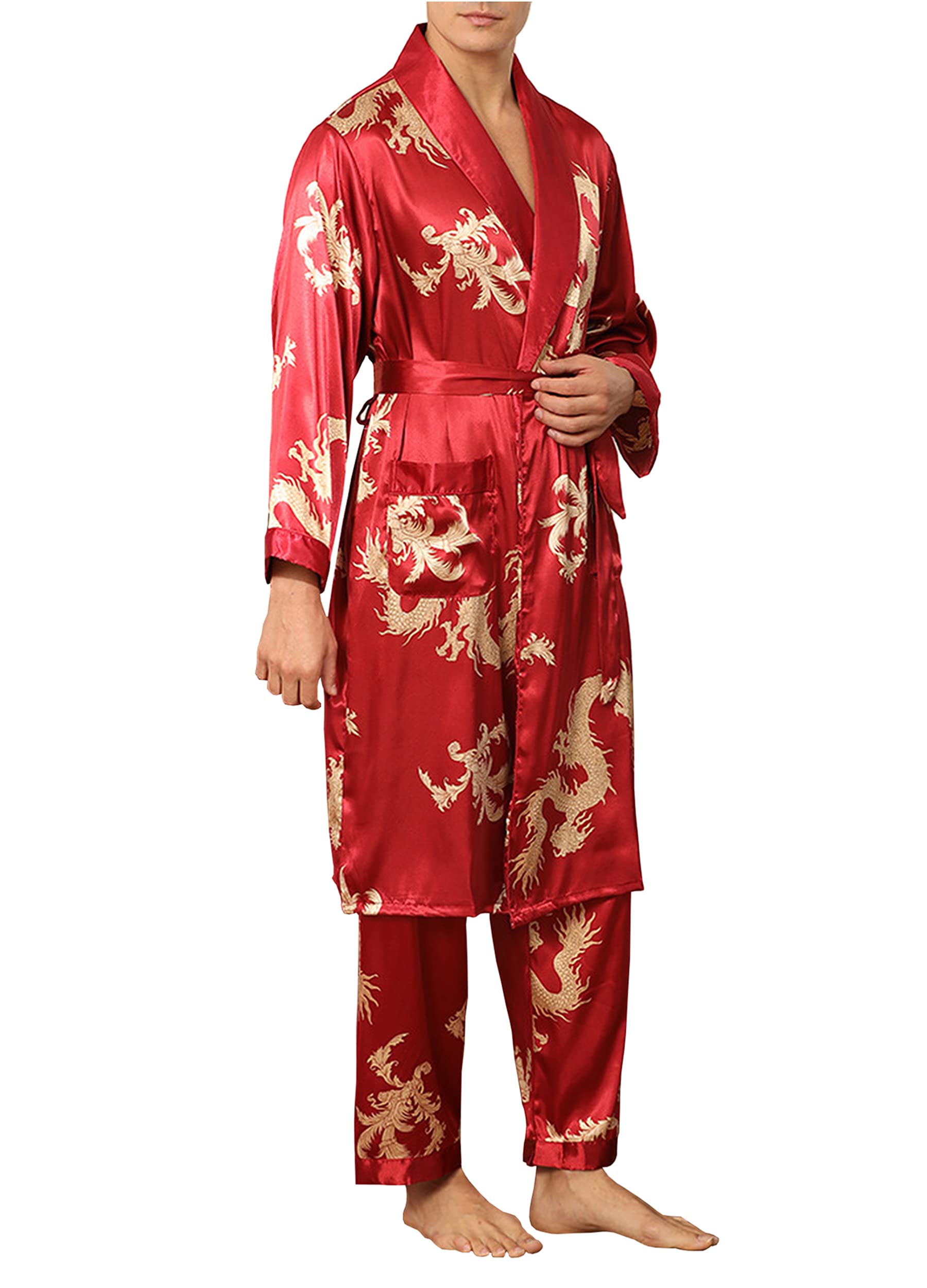 2PCS Men's Silk Satin Bathrobe & Pants Set with Dragon Print - Long Sleeve Sleepwear, Loungewear for Home, Spa, and Hotel Use