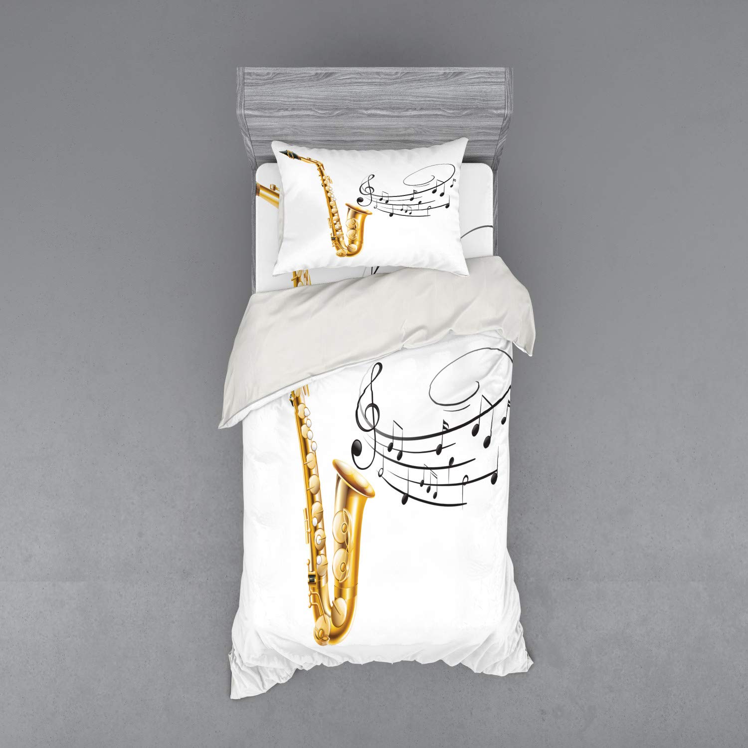 Ambesonne Music Themed Bedding Set - Vintage Saxophone Art Print Duvet Cover with Sham & Fitted Sheet, 3-Piece Twin XL Size in Yellow Black White | Jazz Lover's Bedroom Decor, Gift for Musicians