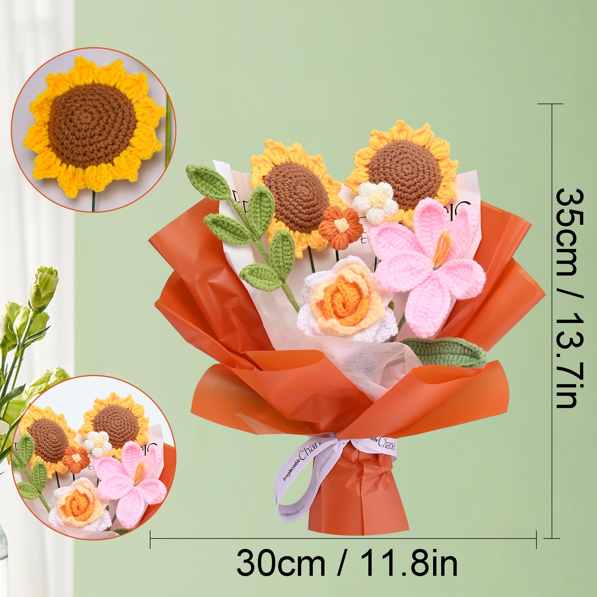 Handmade Crochet Flower Bouquet Gift Set - 7Pcs Tulips, Sunflowers & Roses Floral Arrangement for Women, Mom, Wife - Perfect for Anniversary, Graduation, Wedding Decor - Home & Office Decoration (Orange)