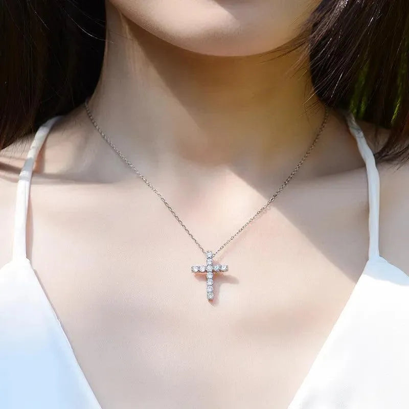 KNOBSPIN Genuine Moissanite Cross Pendant Necklace - 925 Sterling Silver Chain with 18K White Gold Plating | Elegant Women's Jewelry for Church, Weddings & Special Occasions