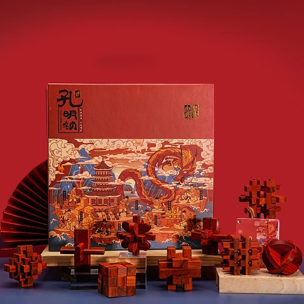 Premium 3D Wooden Puzzle Brain Teaser - Luban Lock Kongming Lock Interlocking Game for Adults & Kids | Stress Relief Toy, Educational Building Blocks | Perfect for Office Desk, Classroom & Family Game Night (Mahogany)