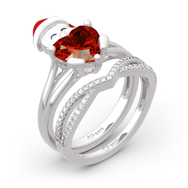 Jeulia Sterling Silver Santa Claus Heart Cut Ring Set for Women - Elegant Gift for Wife, Girlfriend, Engagement, Wedding, Anniversary, Christmas & Birthday - Comes with Jewelry Box | Perfect for Romantic Occasions, Holiday Gifting & Special Celebrations