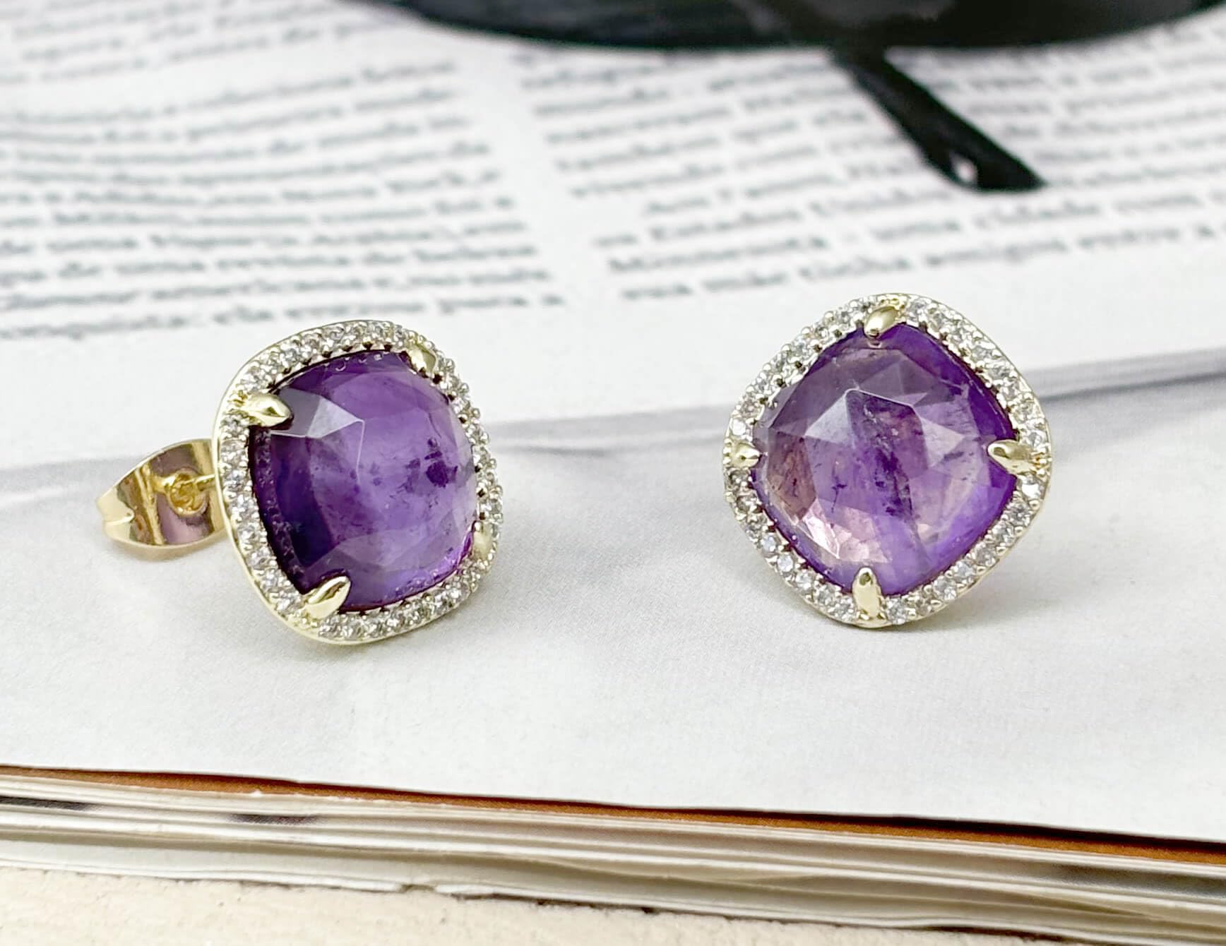 Amethyst Stud Earrings for Women - 14K Gold Plated February Birthstone Jewelry, Natural Purple Crystal Earrings | Perfect Gift for Valentine's Day, Anniversary & Everyday Wear