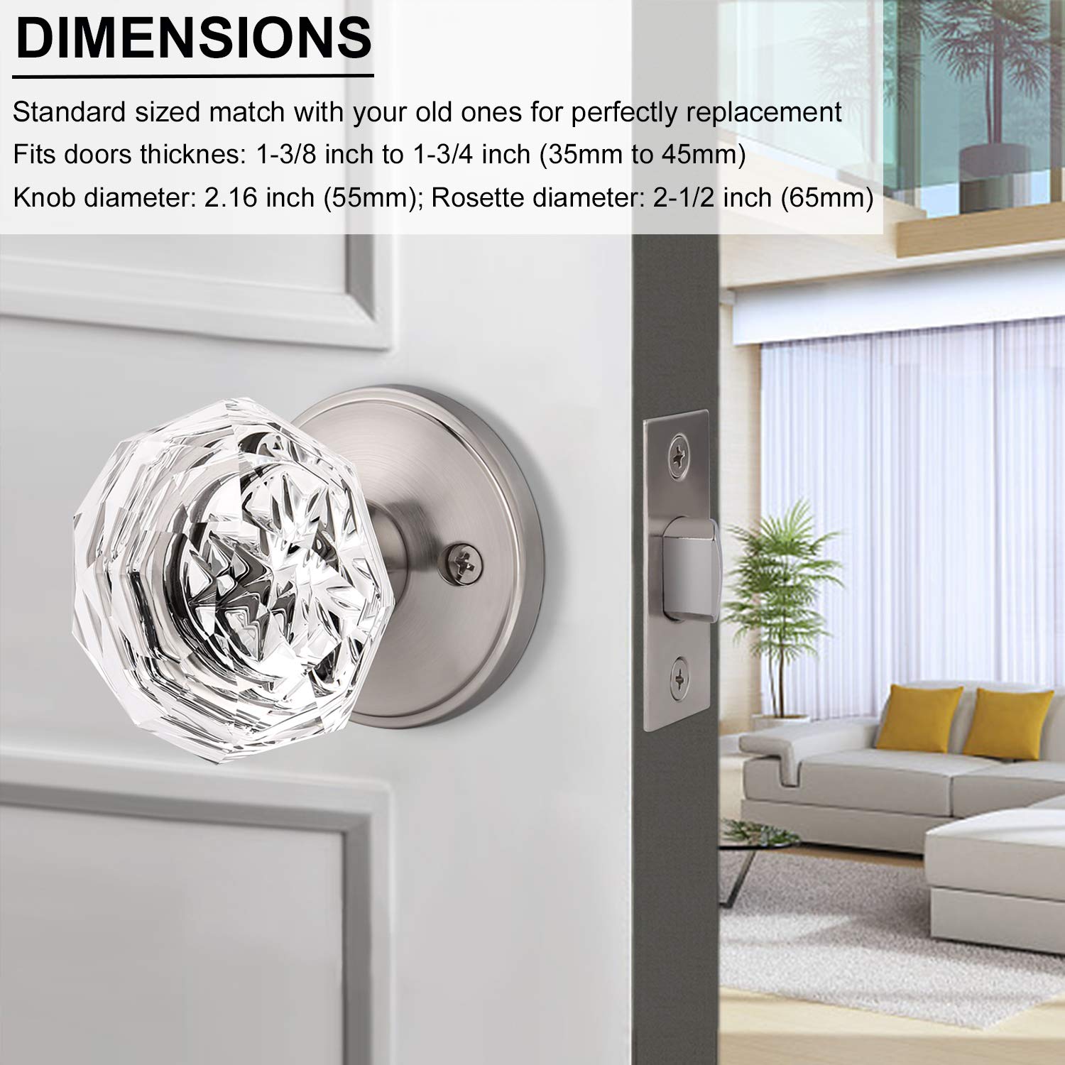 2 Pack Clear Crystal Door Knobs - Heavy Duty Glass Passage Door Handles for Interior Doors, Closets, Hallway & Pantry - Modern Design with Satin Nickel Finish - Perfect for Bedroom, Bathroom & Cabinet Doors