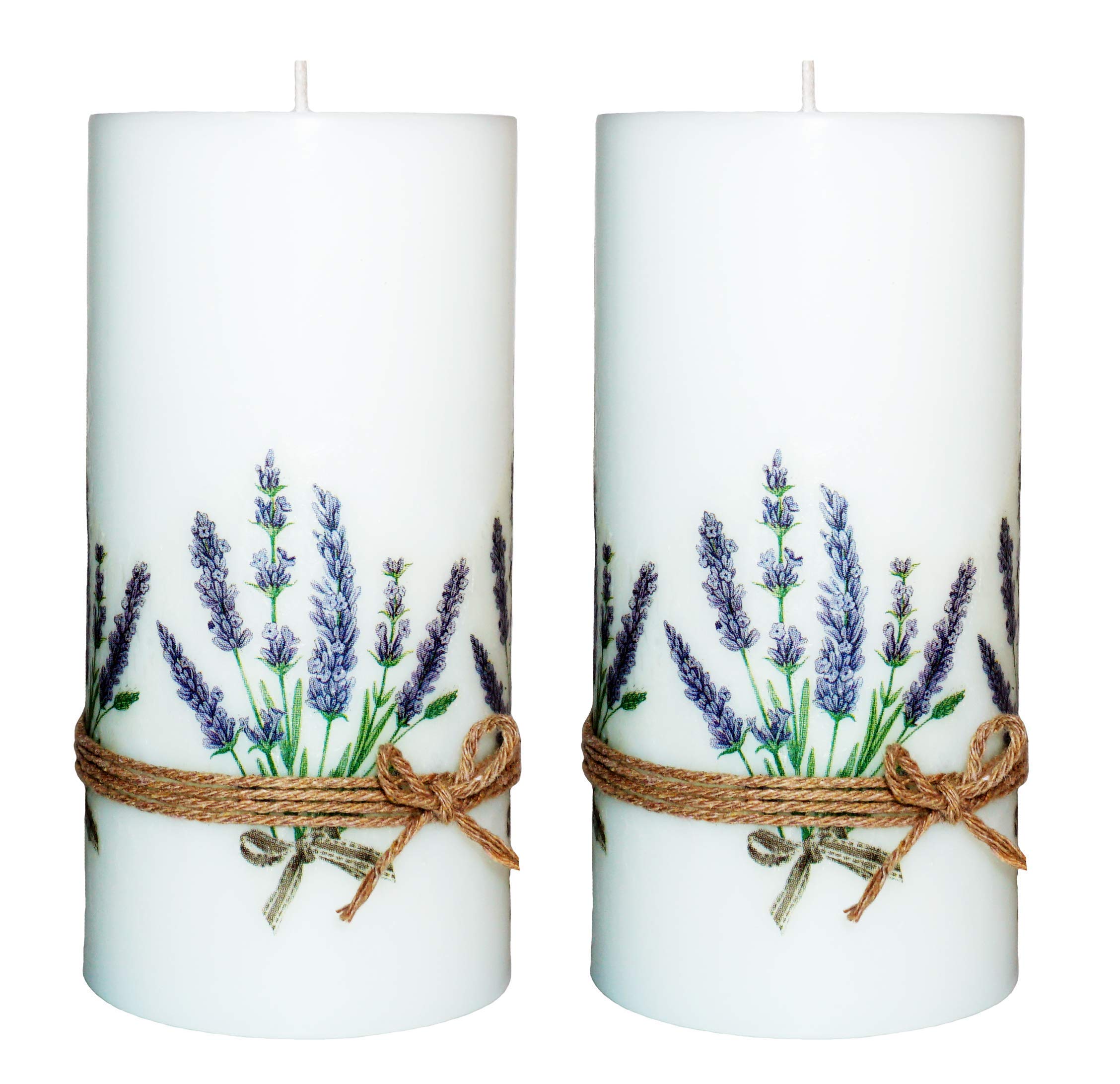 Lavender Decoupage Pillar Candles Set of 2 - 3x6 Inch Unscented/Scented 60-Hour Burn Time for Home Decor, Weddings & Outdoor Parties
