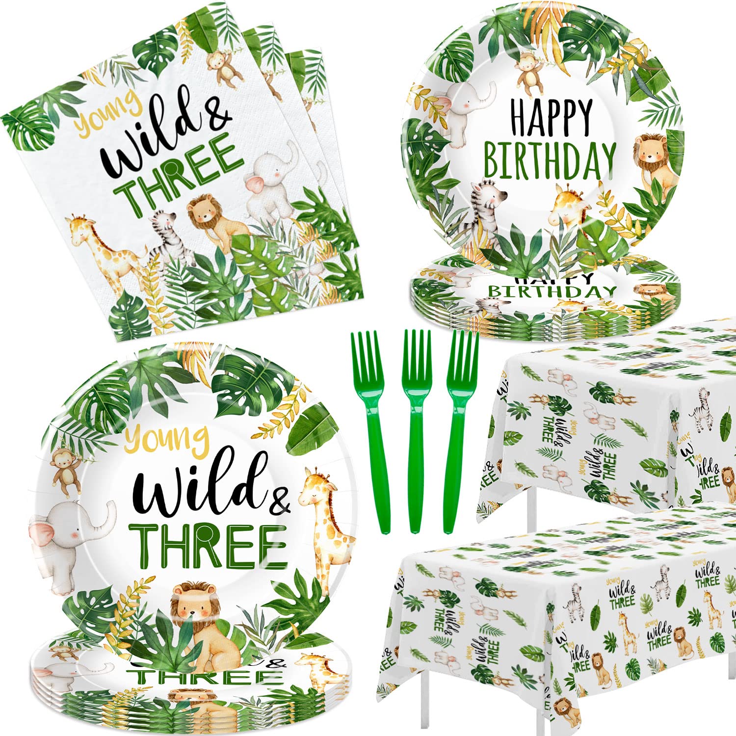 Jungle Animal 3rd Birthday Party Supplies - Wild & Three Decorations Set for Safari Theme (24-Pack) | Includes Tableware, Paper Plates, Napkins, Tablecloth & Forks | Perfect for Kids Birthday Parties, Baby Showers & Zoo-Themed Events