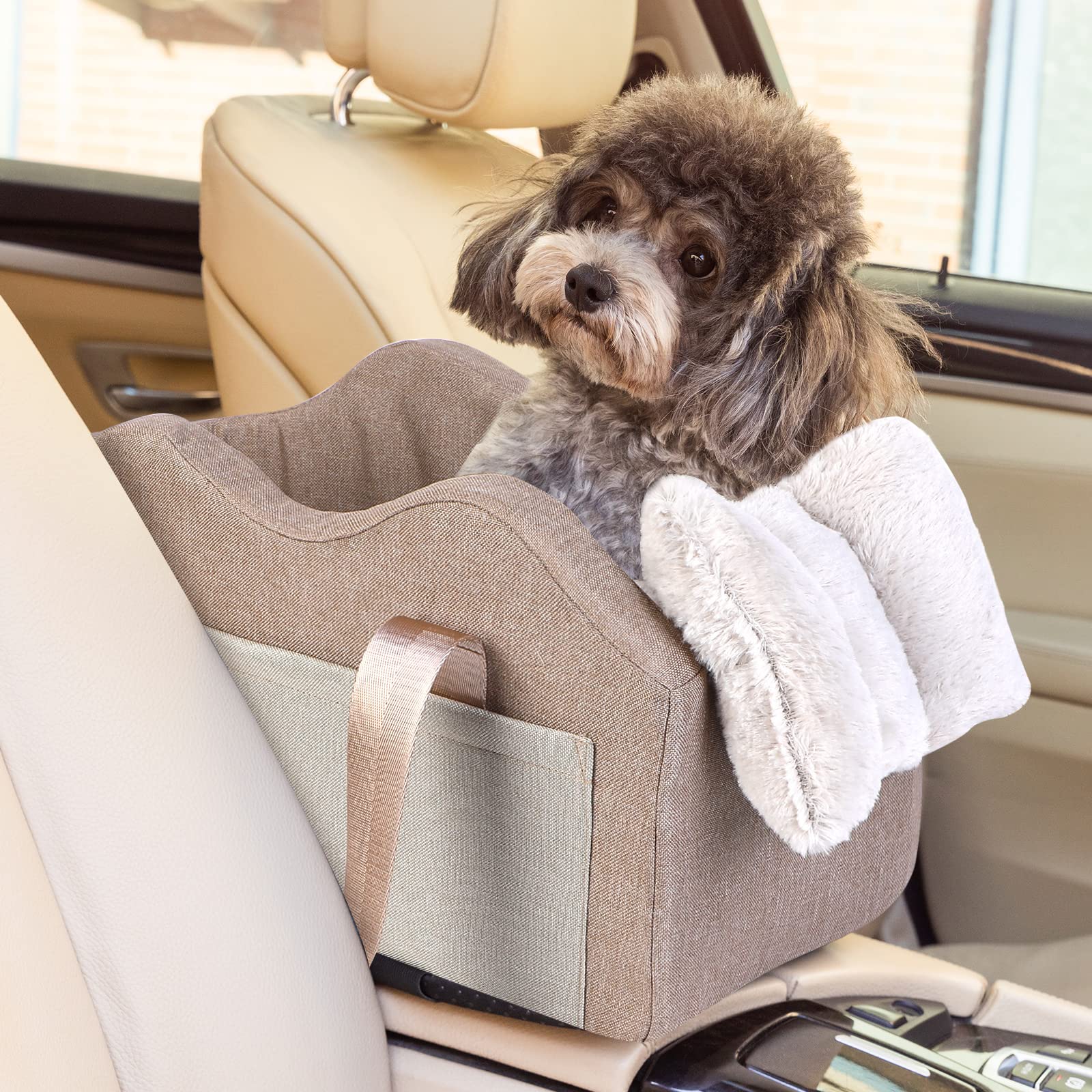 Small Dog Car Seat - Pet Booster Seat for Center Console with Non-Slip Base | Champagne & Khaki | Perfect for Road Trips & Safe Car Travel with Your Puppy