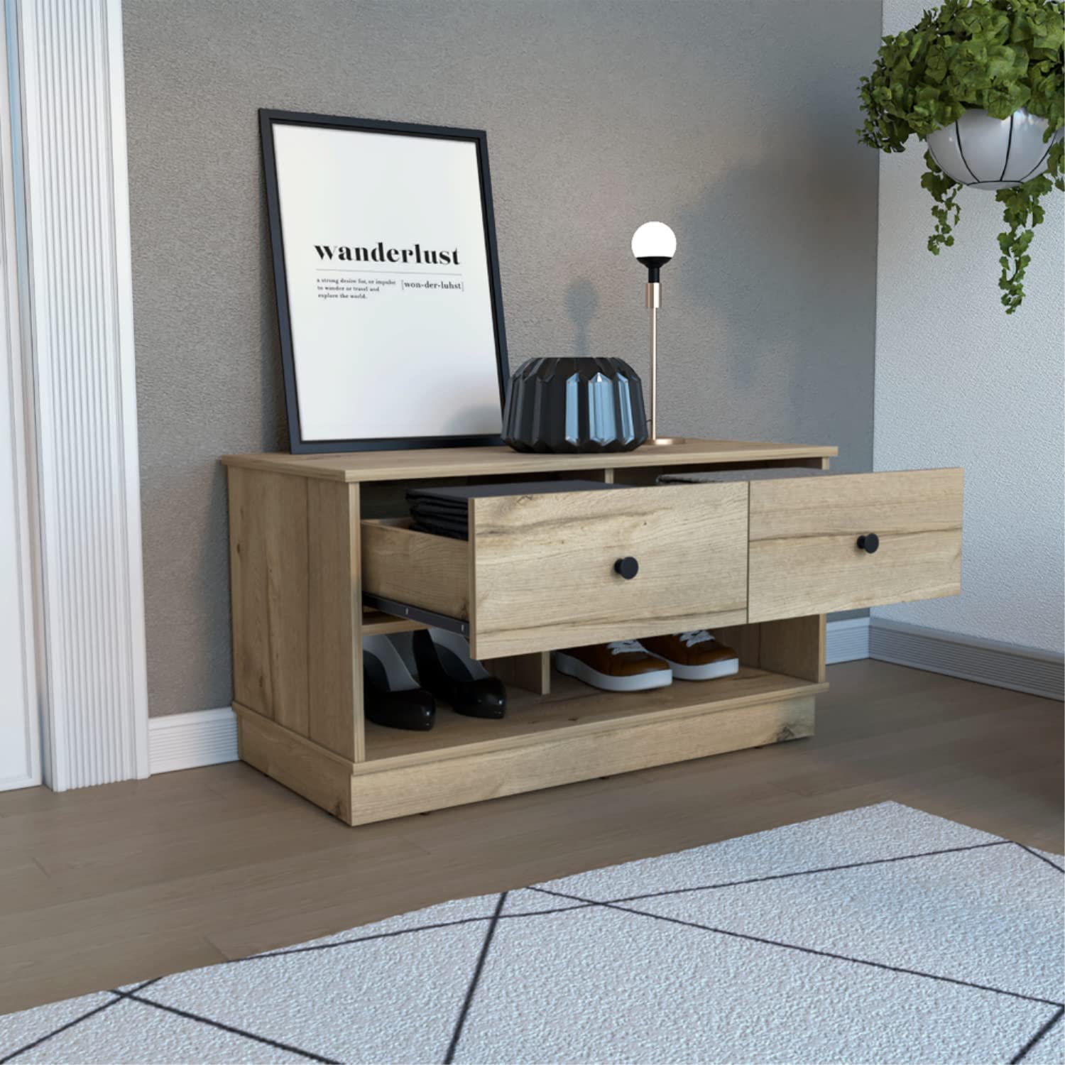 Uranus Storage Bench with 2 Drawers & 2 Open Shelves - Light Oak Wooden Entryway Bench for Hallway, Bedroom, or Living Room Organization