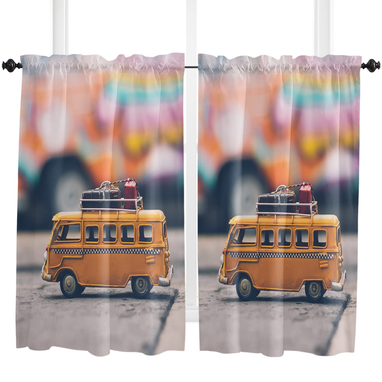 Retro VW Camper Yellow Bus Window Curtains - Set of 2 Panels (42x45 Inches) with Rod Pocket for Van Life, Bedroom & Kitchen Decor - Light Filtering Room Darkening Drapes for RV, Campers & Home Windows