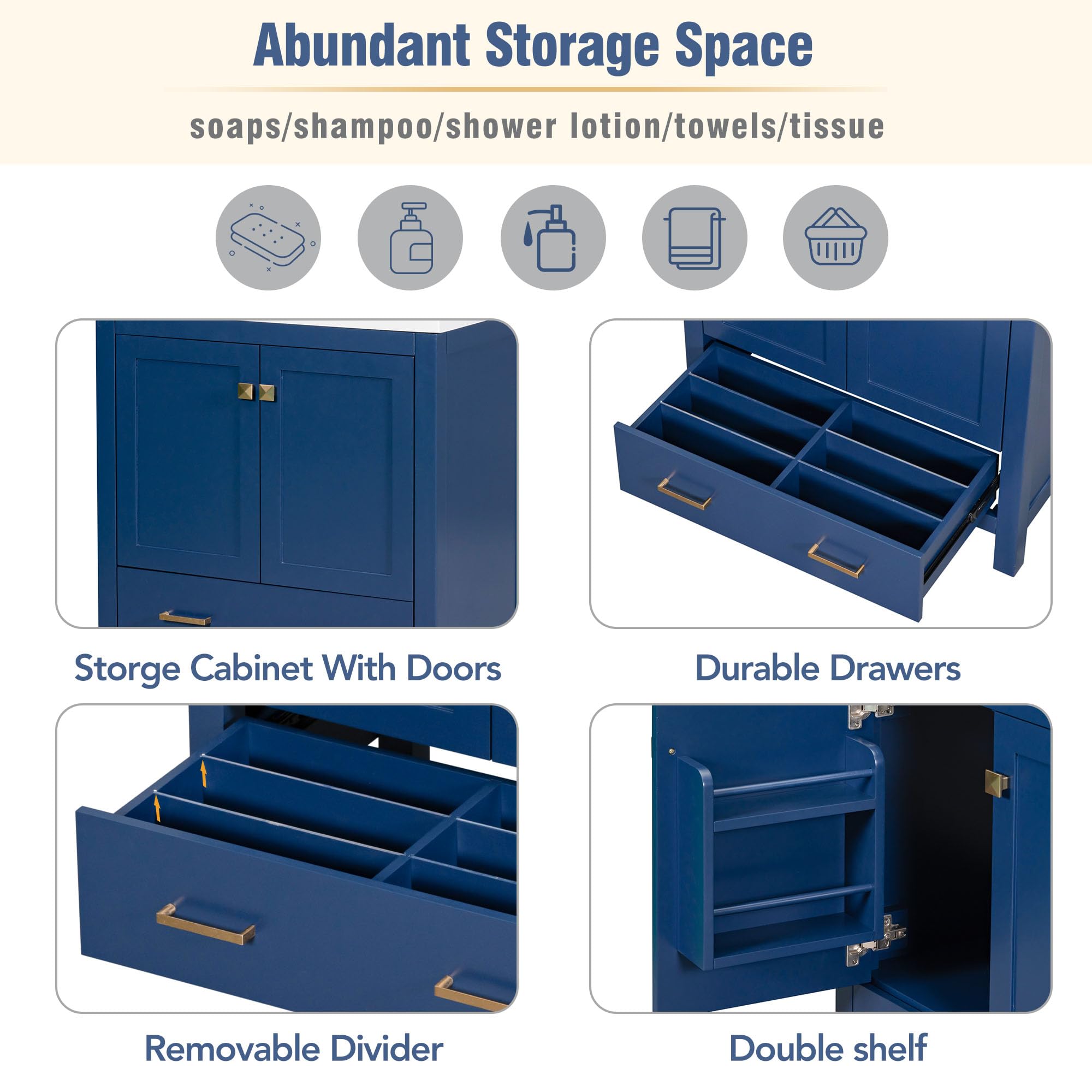 30 Inch Navy Blue Merax Bathroom Vanity with Sink - 2 Door Storage Cabinet with Drawer, Multifunctional Bathroom Sink Cabinet (30