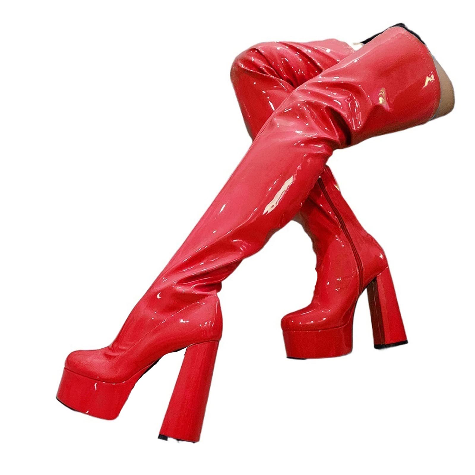 FiveShops Women's Over-The-Knee Boots - Retro Round Toe Thick Heel Platform High Heels, Large Size Steel Tube Stage Boots in Solid Red (Size 39) - Perfect for Winter Fashion, Night Out & Stage Performances