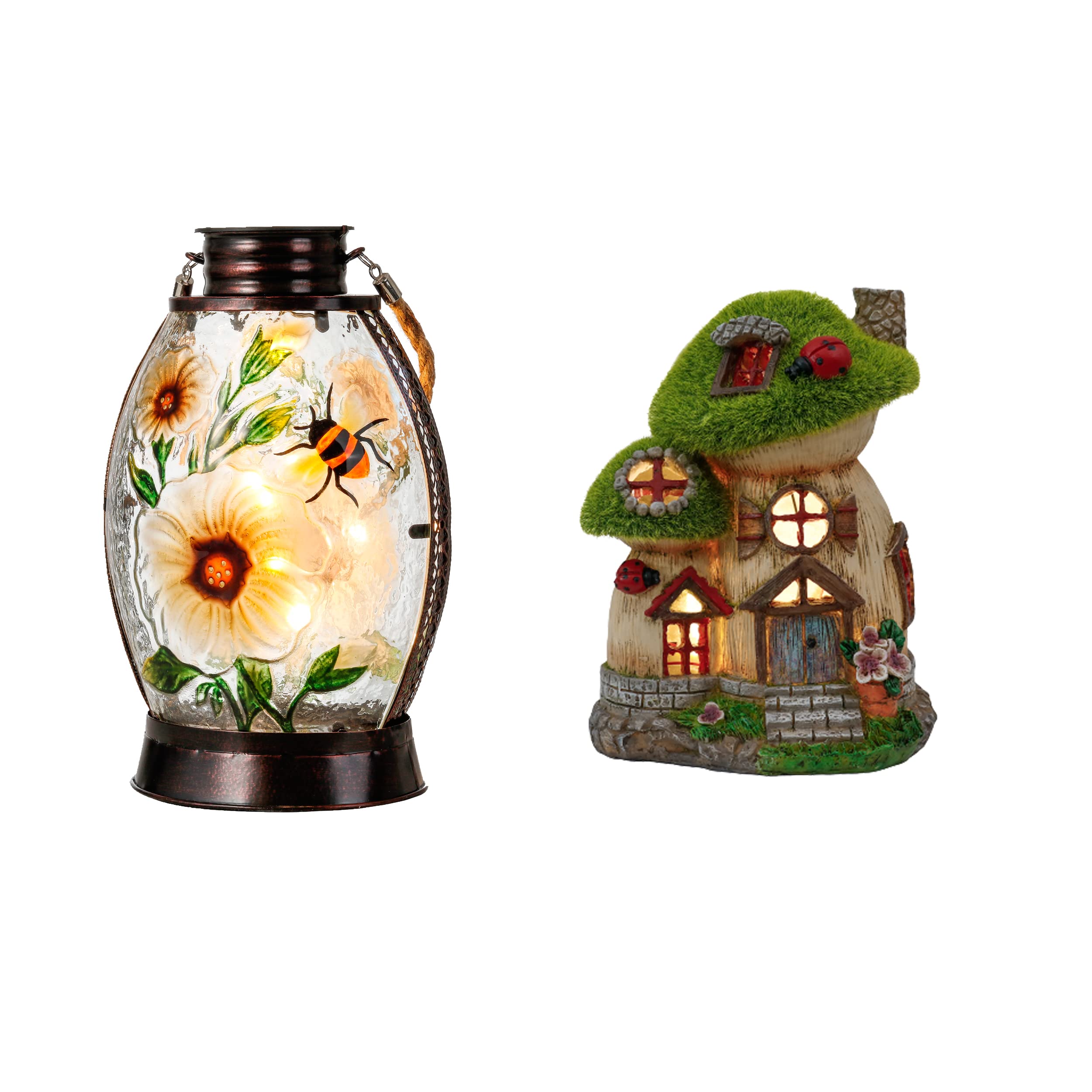 TERESA'S COLLECTIONS Fairy House Statue & Solar Lantern Set (2PCS) - Whimsical Garden Decor for Outdoor Patio, Lawn & Yard | Solar-Powered Fairy Garden House & Hanging Lantern for Magical Nighttime Ambience