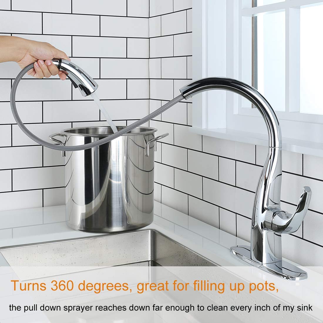 WOWOW Pull Down Kitchen Faucet with Dual Function Sprayer & 4